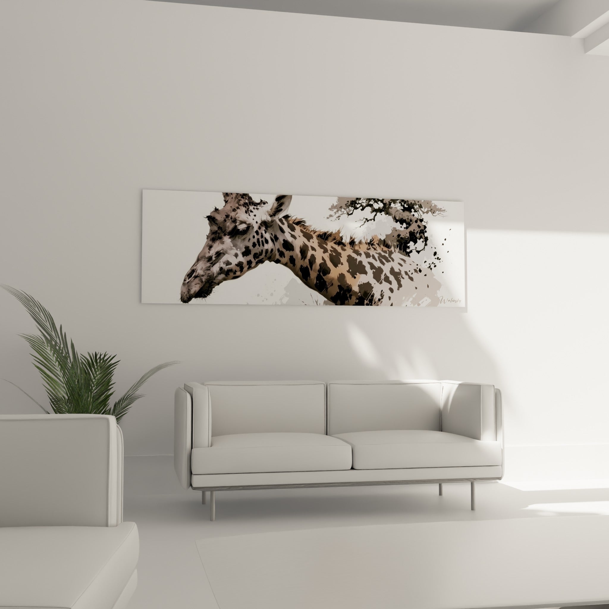 Museau de girafe beige et brun accroché au-dessus d'un canapé dans un salon lumineux