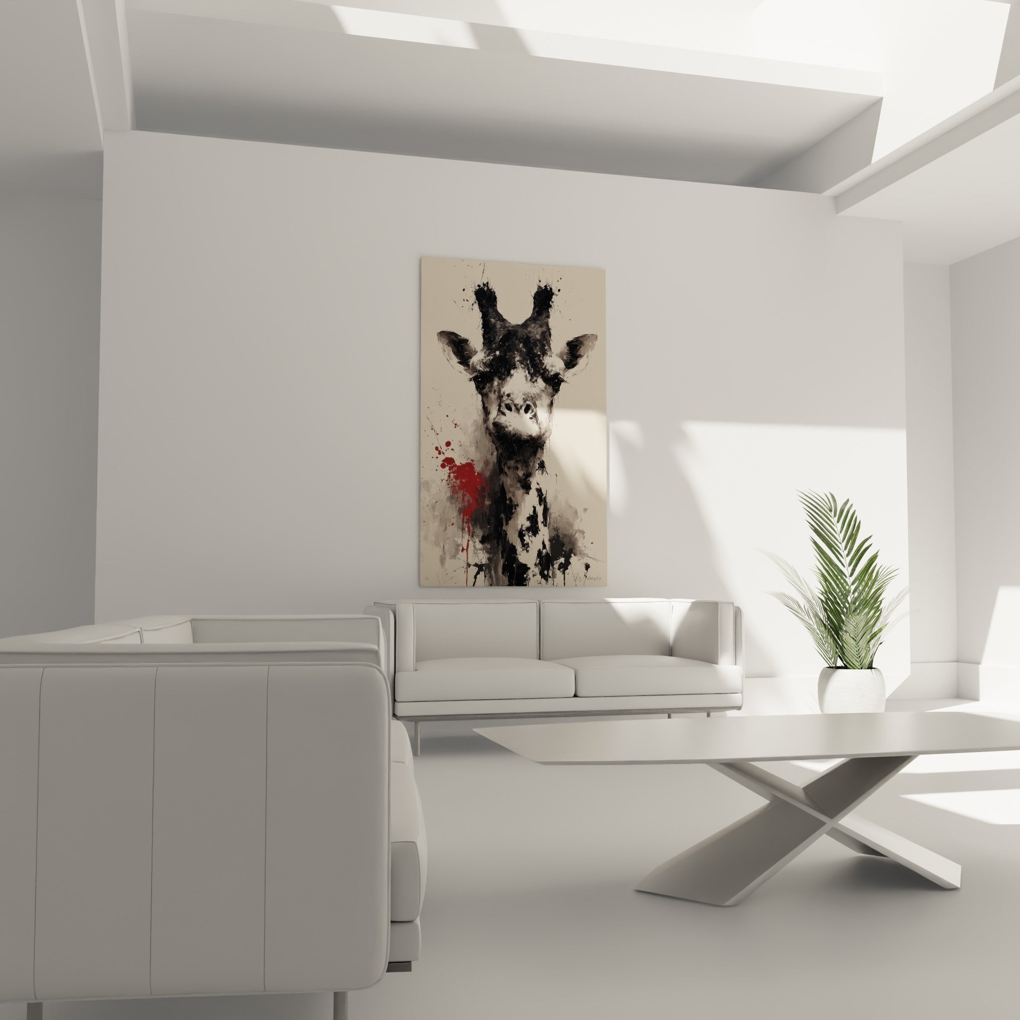 Tête de girafe expressive en noir profond et beige doux, tache écarlate, au-dessus d'un canapé dans un salon lumineux
