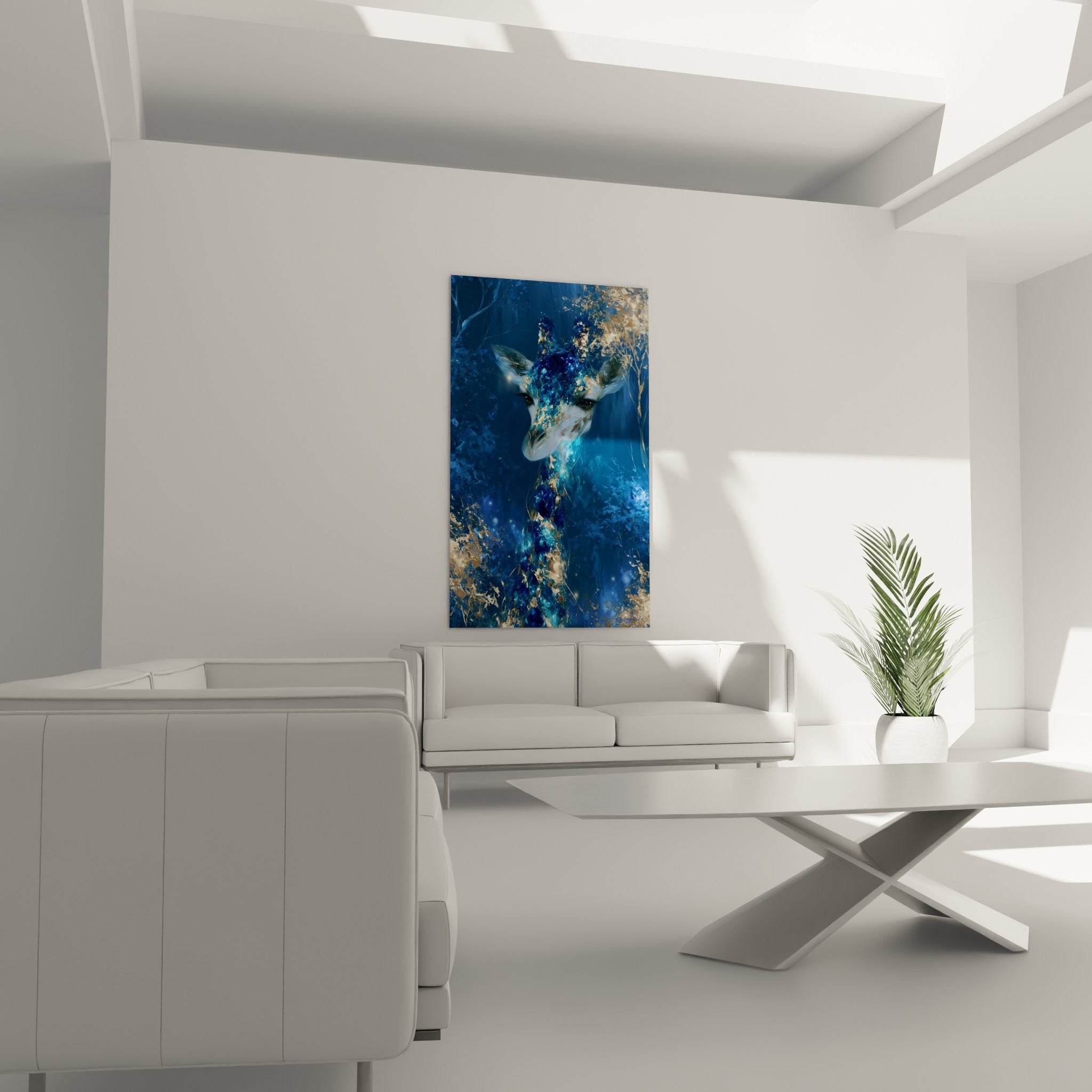 Museau blanc et cornes dorées scintillantes de la girafe, au-dessus d'un canapé dans un salon lumineux