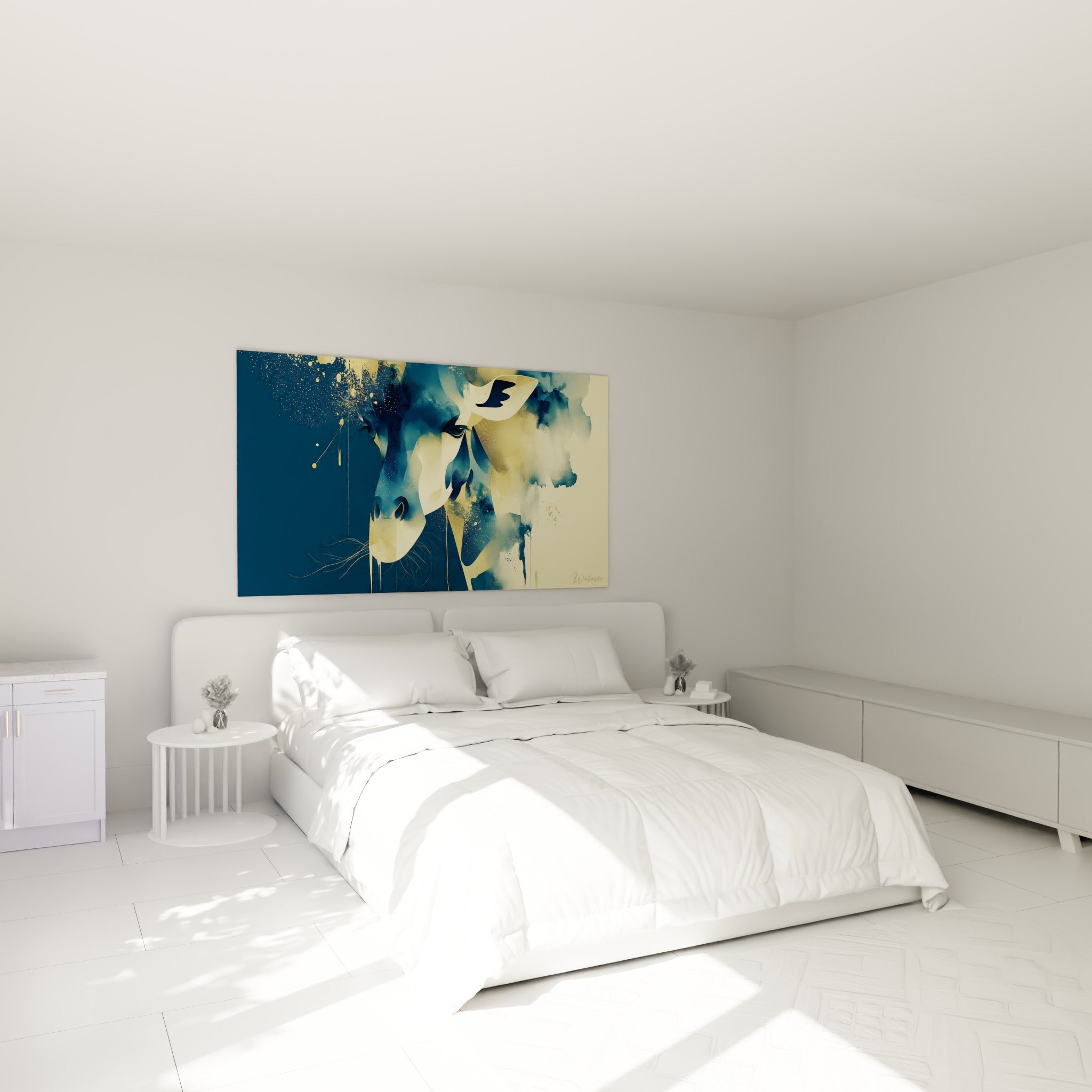 Museau et regard de girafe entre bleu marine et doré au-dessus d'un lit dans une chambre claire