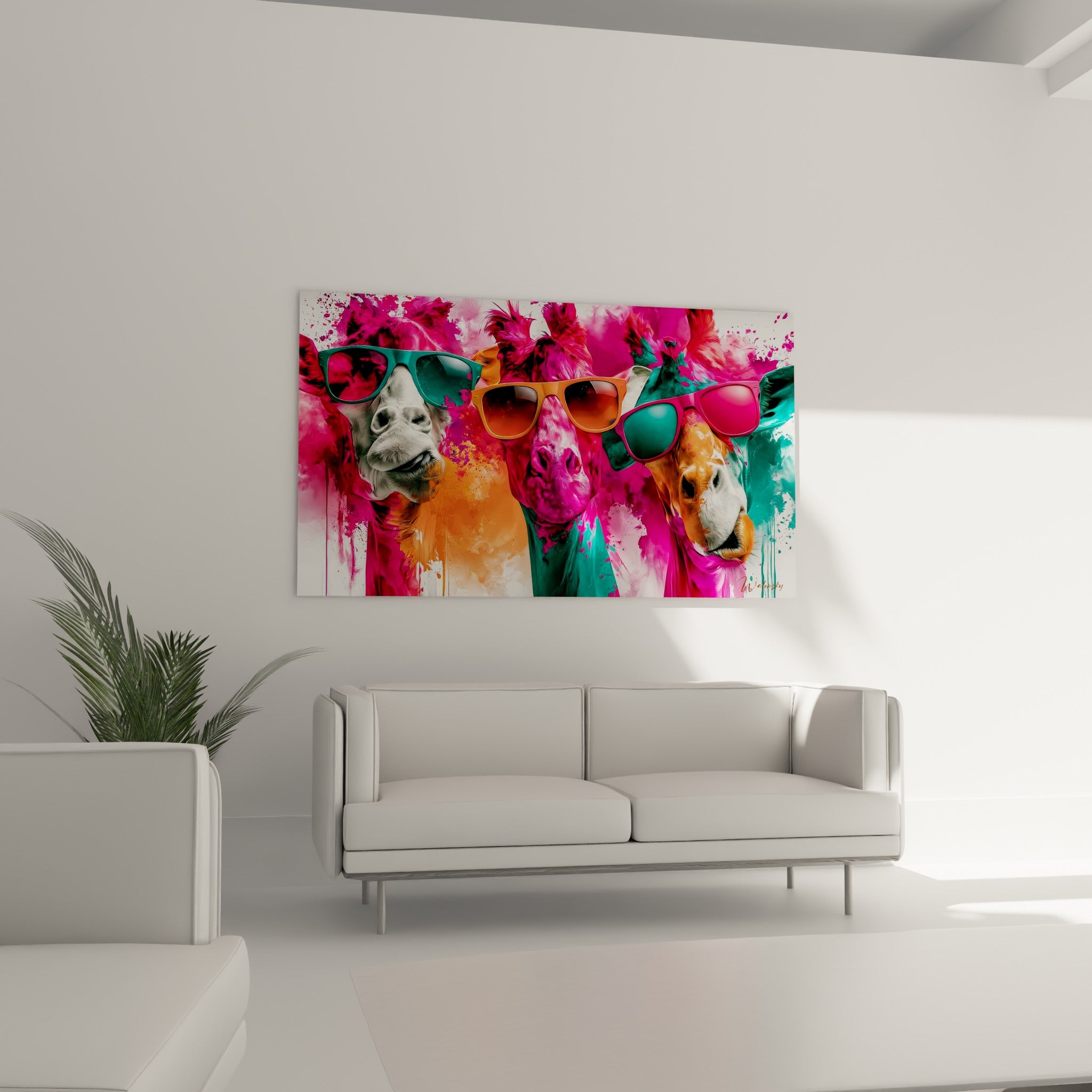 Museaux de girafes fuchsia et orange ornés de lunettes de soleil dominent un canapé dans un salon lumineux