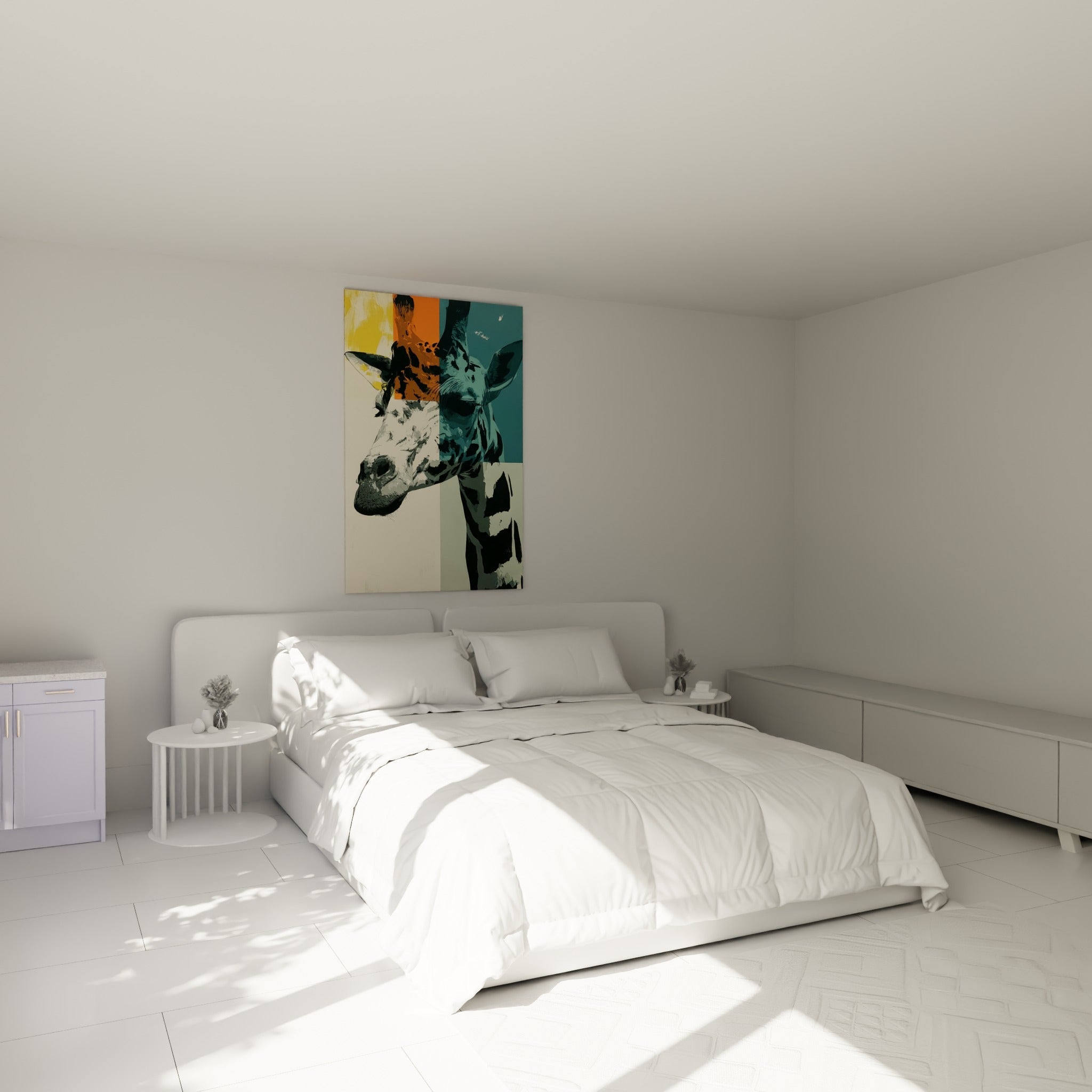 Museau de girafe en camaïeu de gris côtoyant un bloc bleu sarcelle, au-dessus d'un lit dans une chambre claire