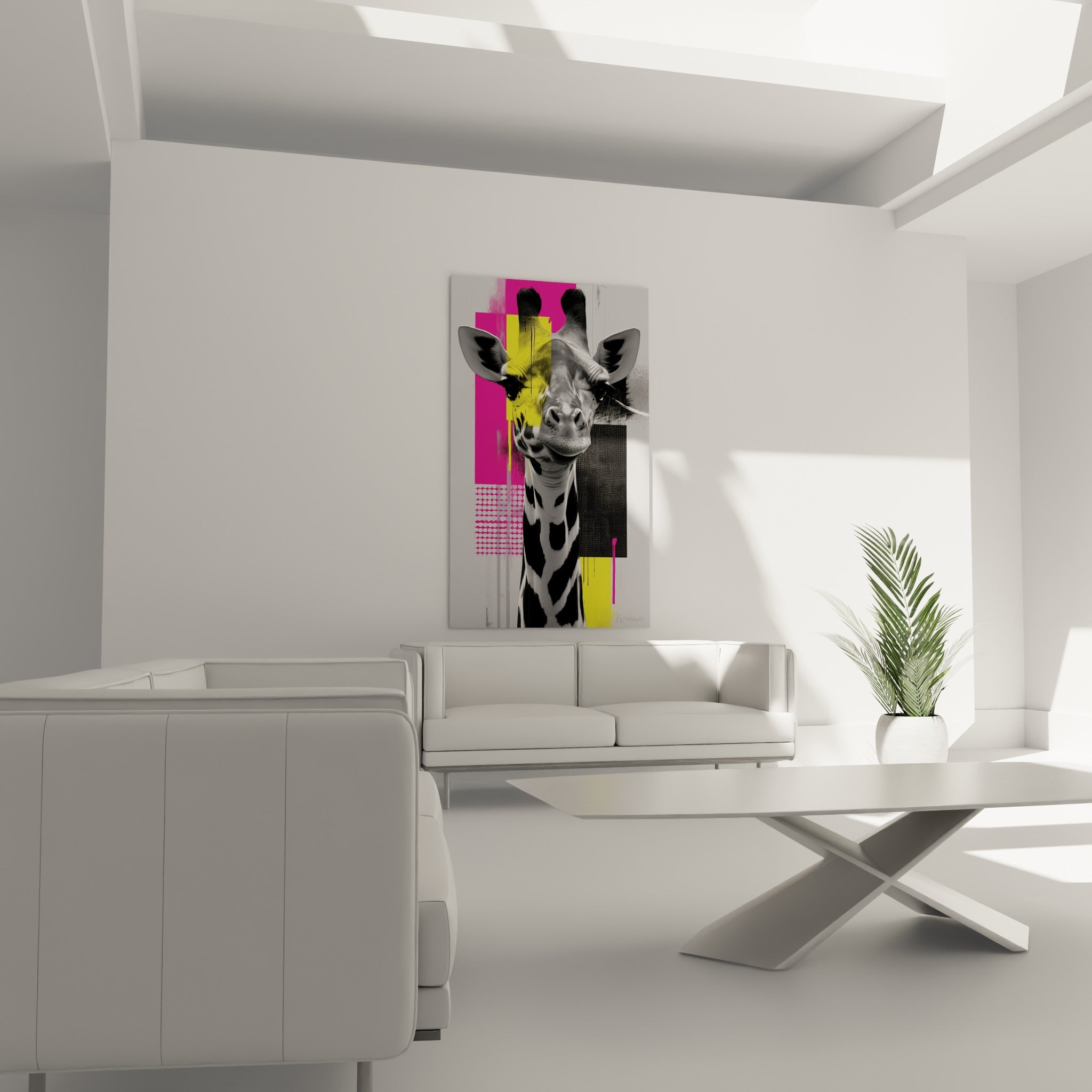 Museau de girafe grisé et coulures roses vives, accroché au-dessus d'un canapé dans un salon lumineux