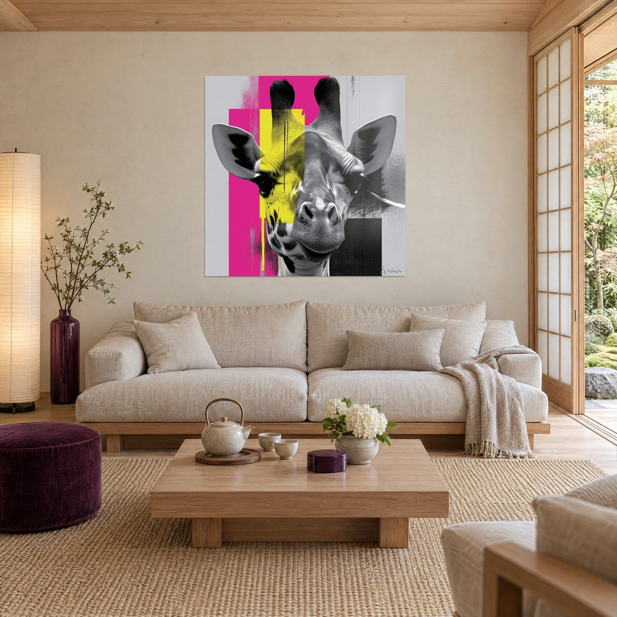 Quadro giraffa pop dalle orecchie orlate di nero, metà giallo fluo, metà grigio, fondo rosa vivace, sopra un divano in un soggiorno luminoso