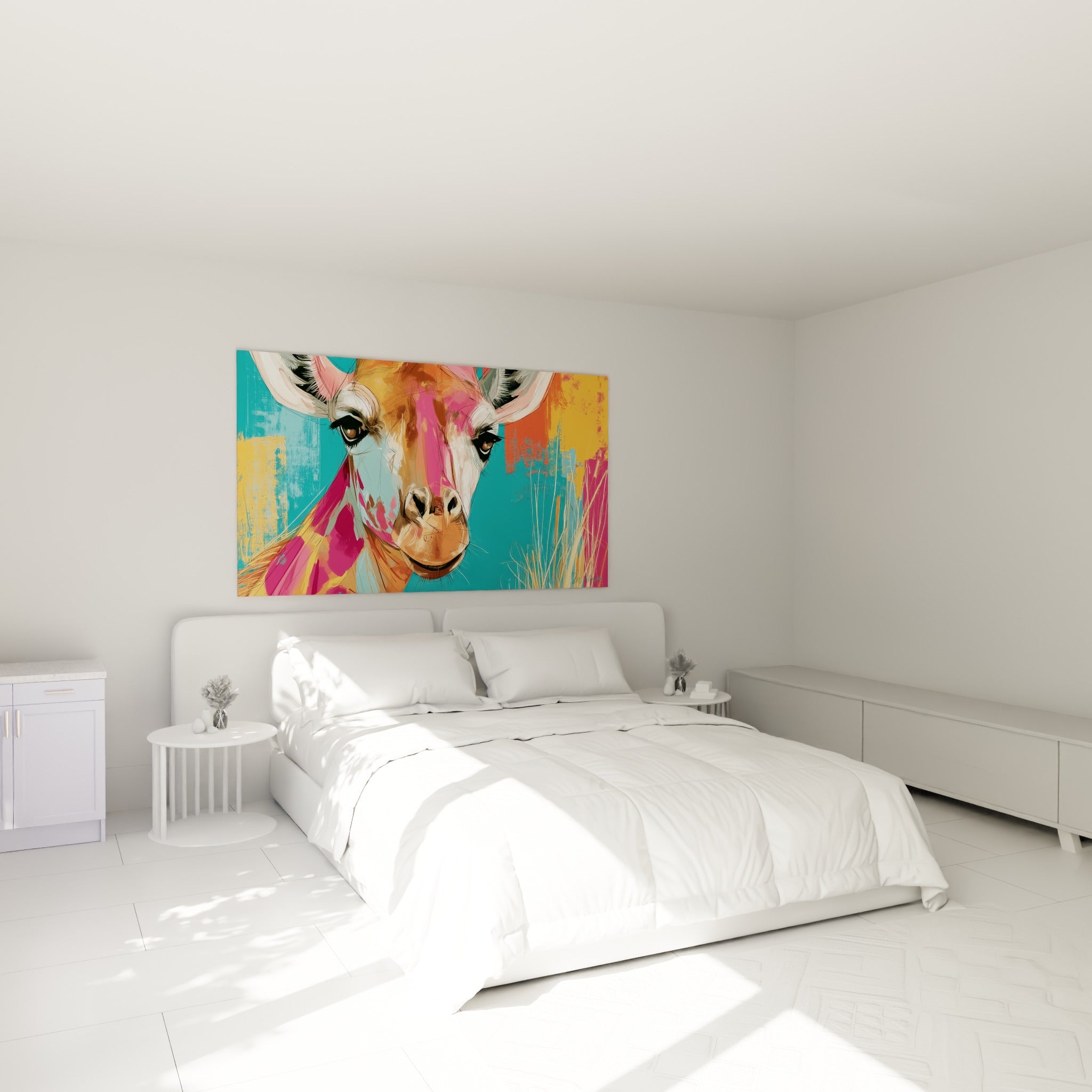 Museau de girafe orange et turquoise accroché au-dessus d'un lit dans une chambre claire