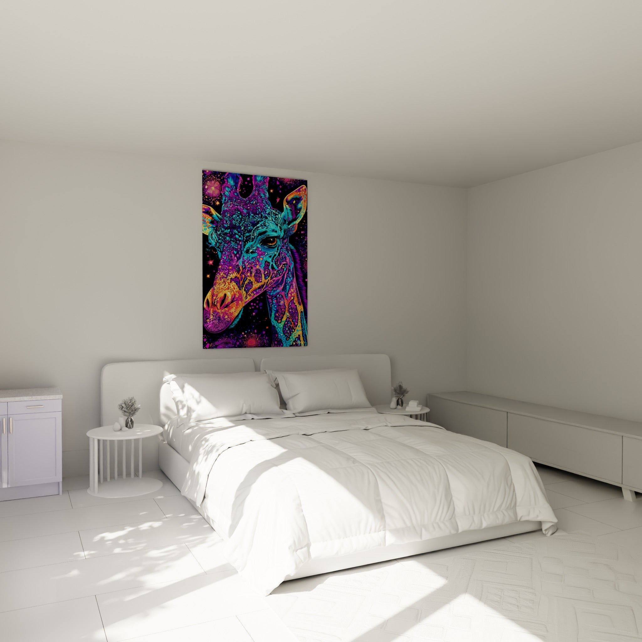 Museau orangé et pelage turquoise de la girafe accrochés au-dessus d'un lit dans une chambre claire