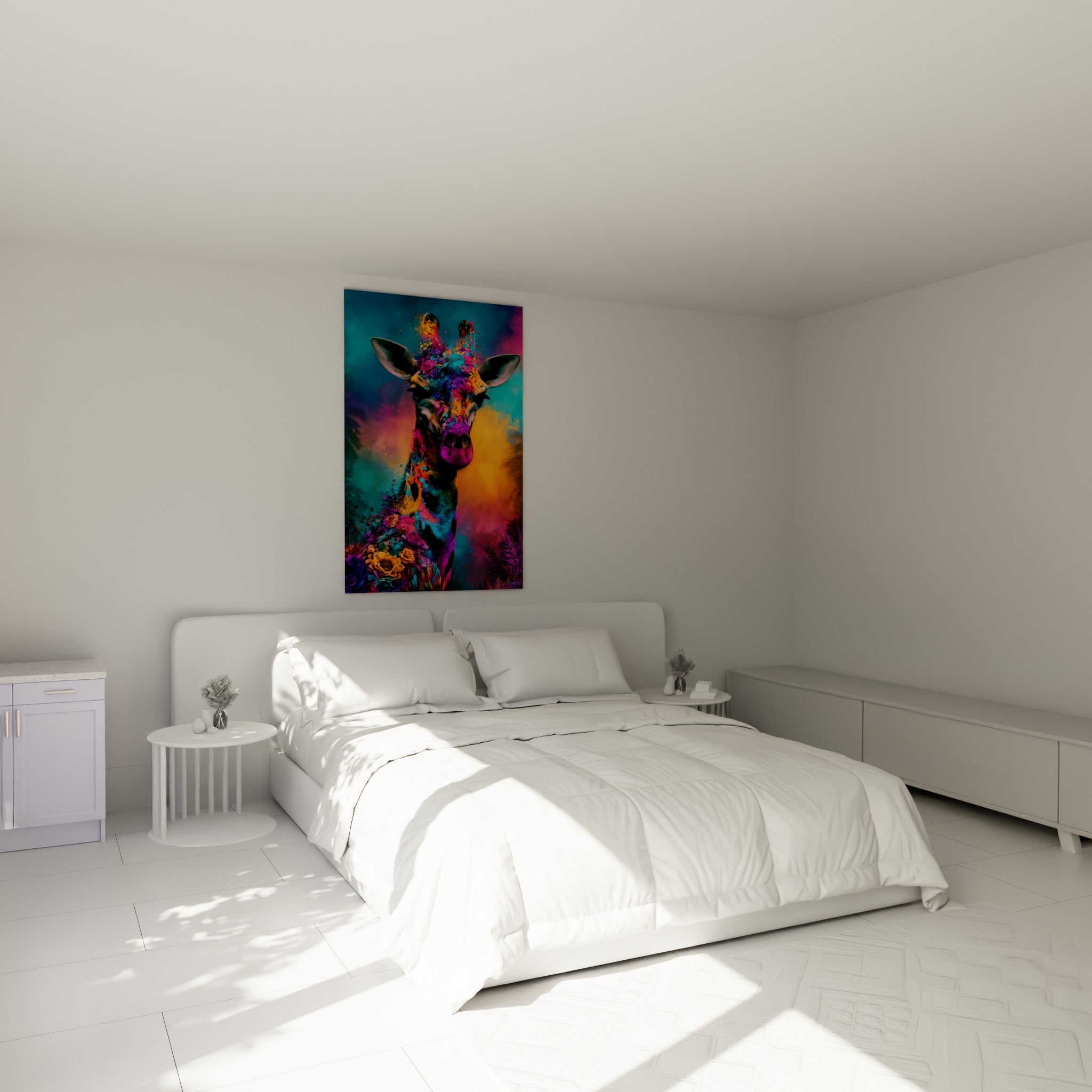 Museau rose et pelage bleu turquoise d'une girafe fleurie, accrochée au-dessus d'un lit dans une chambre claire