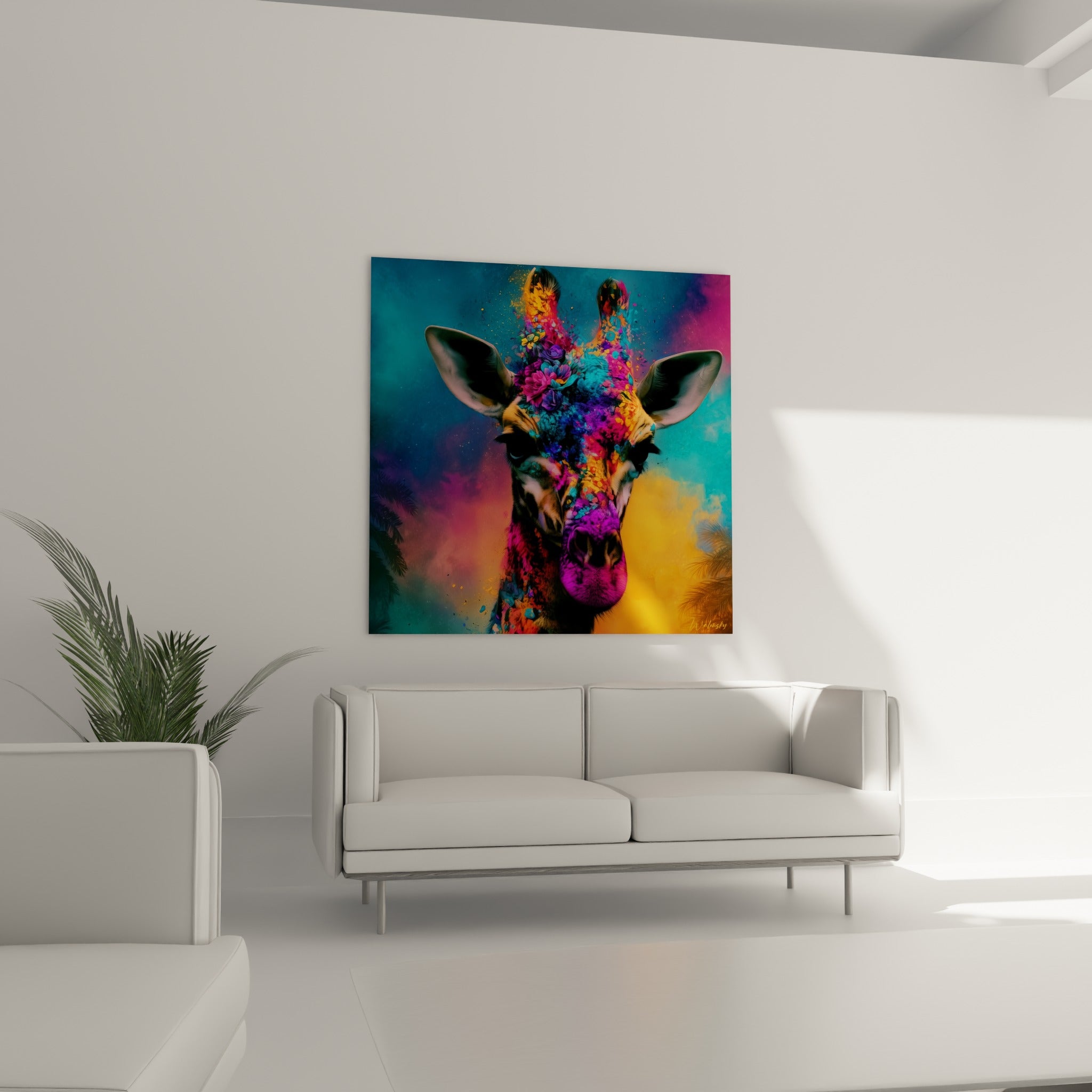 Girafe multicolore au regard intense et fleurs pourpres au-dessus d'un canapé dans un salon lumineux