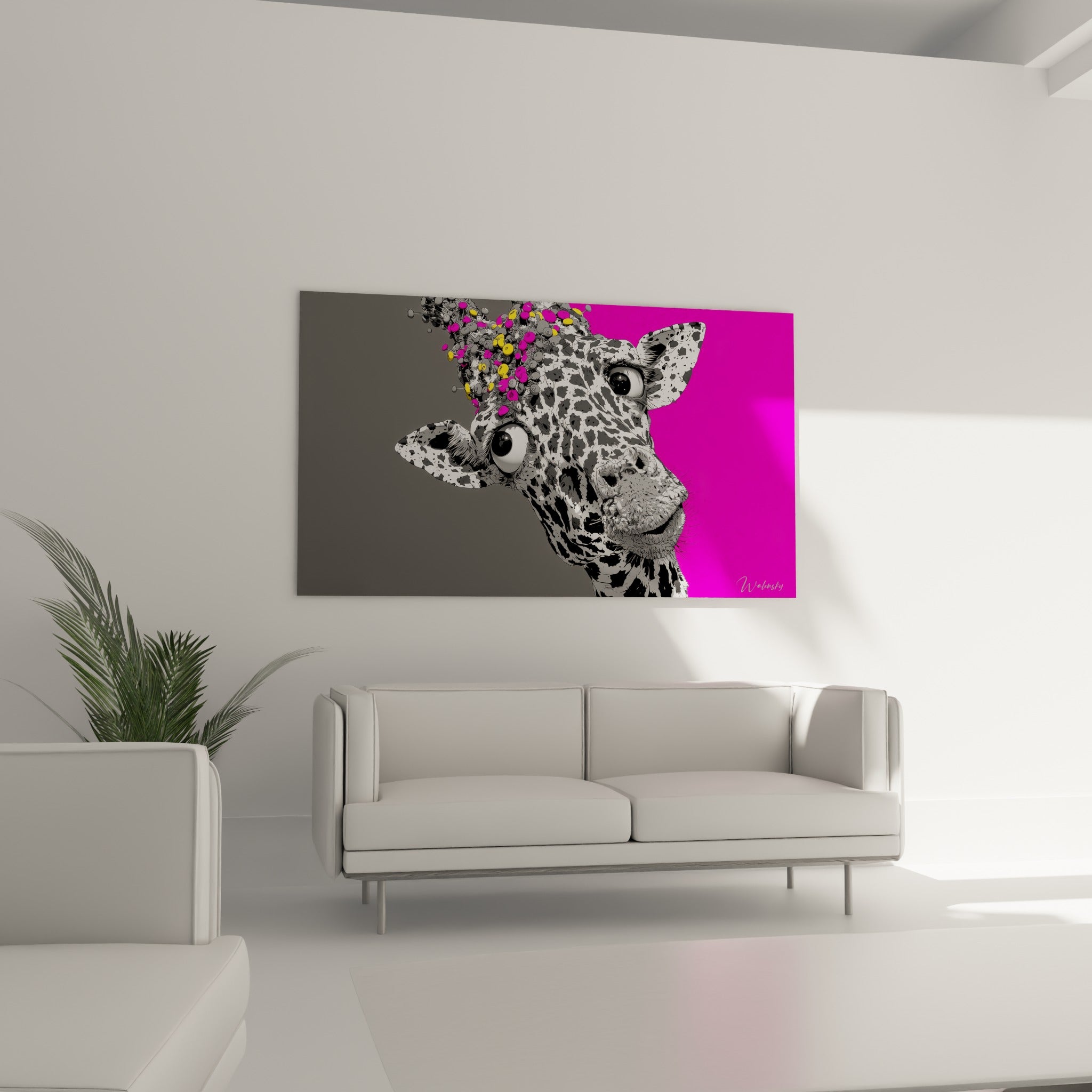Museau tacheté de la girafe rose et anthracite suspendu au-dessus d'un canapé dans un salon lumineux