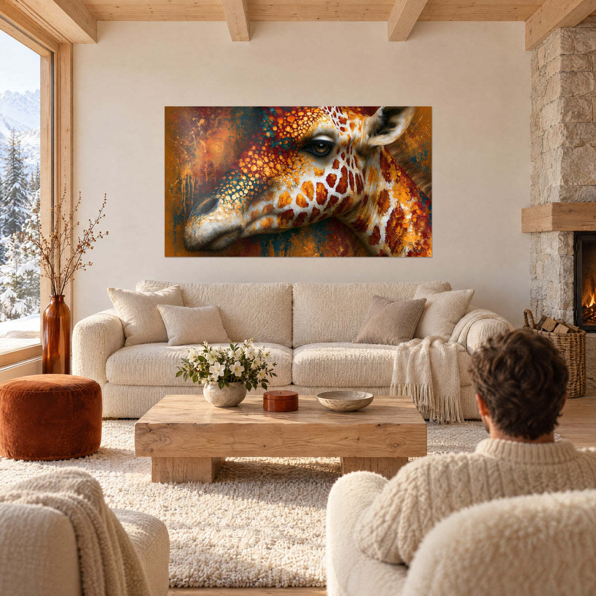 Quadro giraffa dal manto maculato ocra e blu petrolio, occhio scuro, due persone di spalle sopra un divano in un soggiorno luminoso