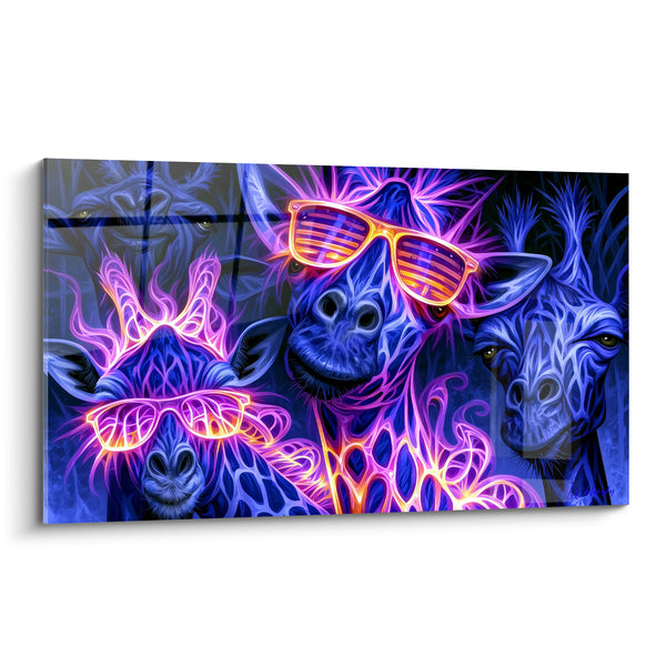 Tableau Girafes bleu violet aux lunettes fluorescentes - Fête électrique - Edition Girafe