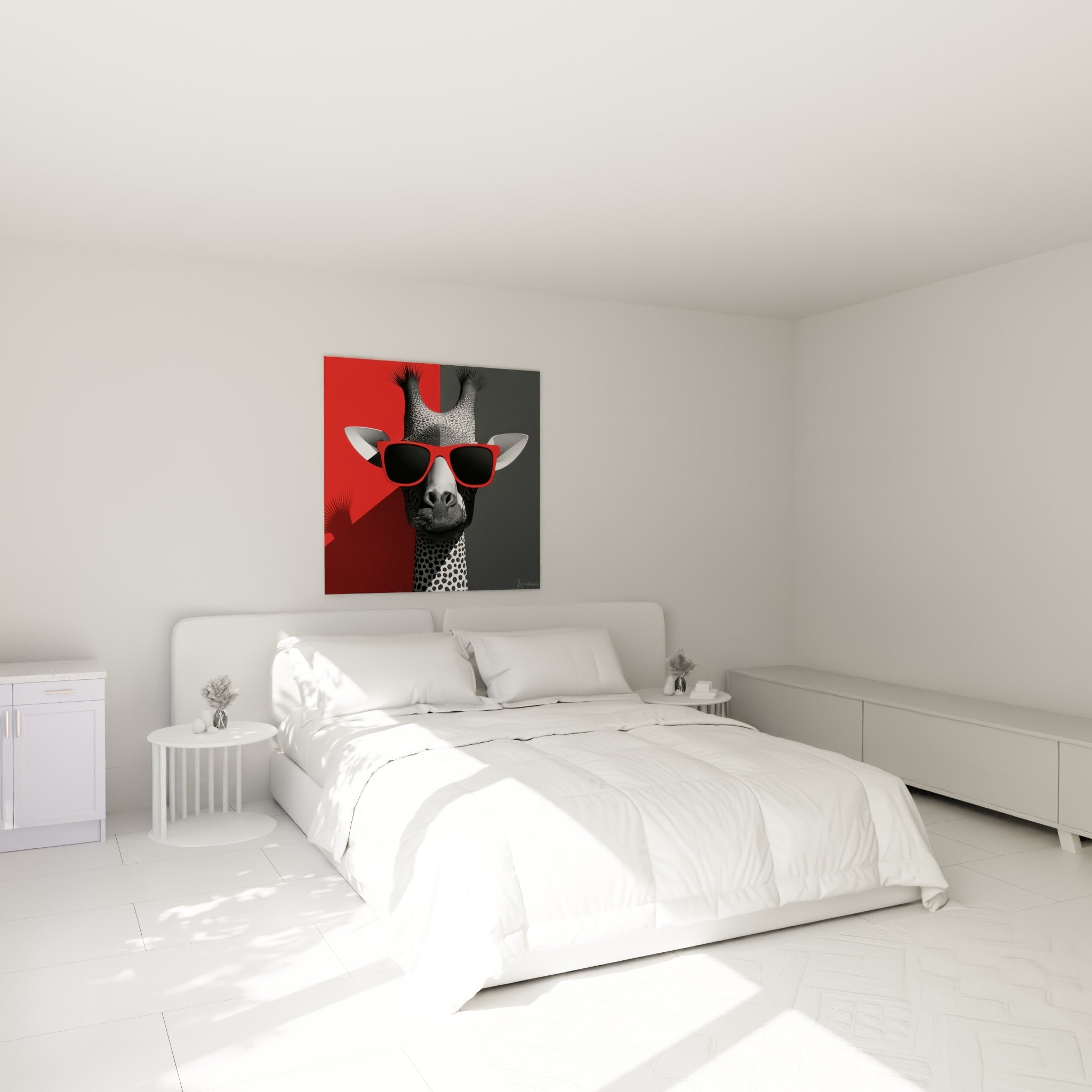 Portrait graphique de girafe aux lunettes rouges accroché au-dessus d'un lit dans une chambre claire