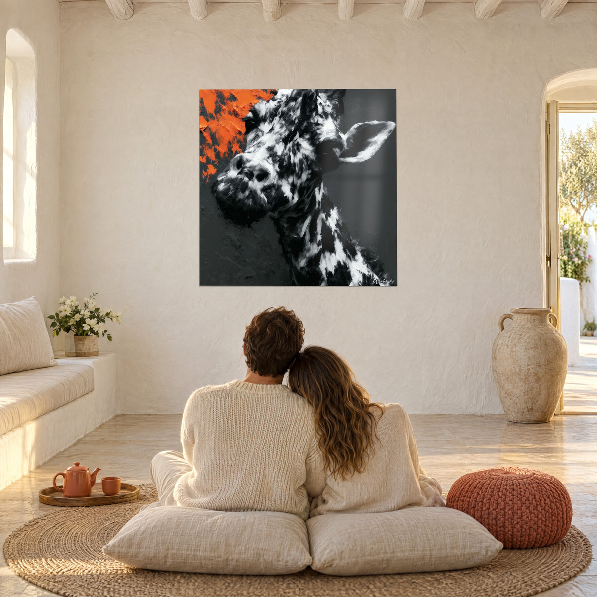 Quadro giraffa dal manto marmorizzato in bianco e nero, macchia arancio bruciato, parete beige, coppia abbracciata seduta su cuscini color crema