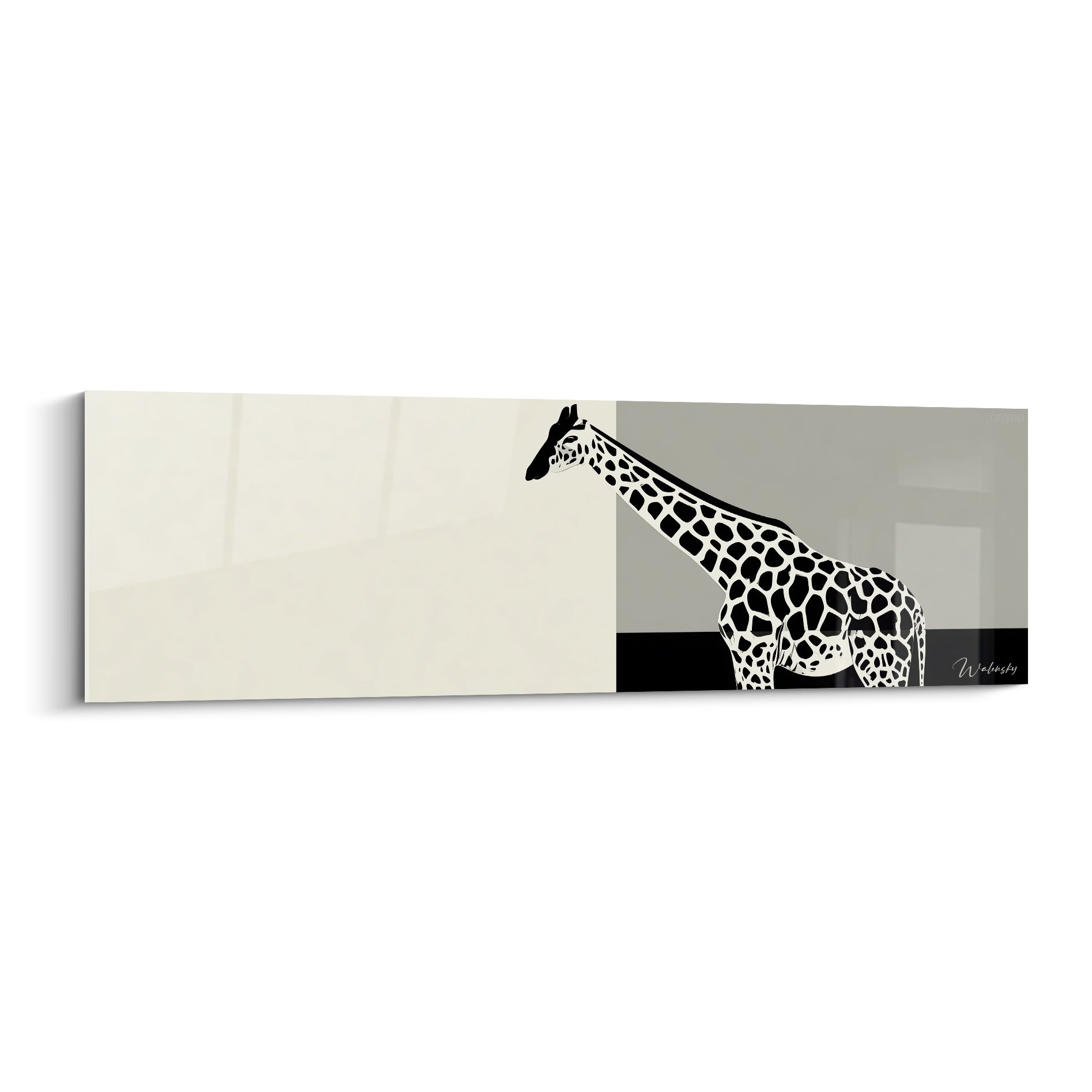 Girafe stylisée noire et blanche sur fond ivoire et gris, motif tacheté graphique et pattes élancées