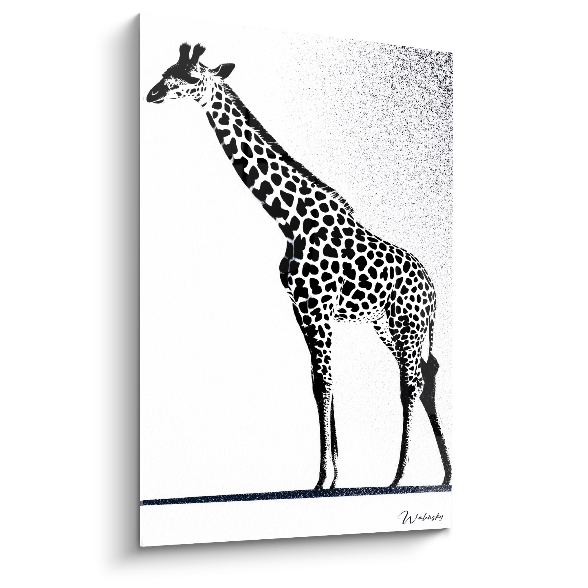 Girafe noire et blanche de profil, taches épaisses, fond dégradé en pointillés gris