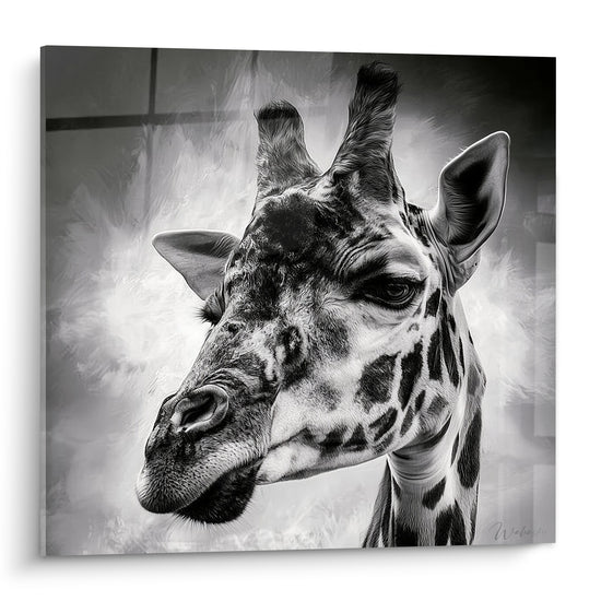 Girafe en gros plan, pelage tacheté noir et blanc, regard intense sur fond gris fumé