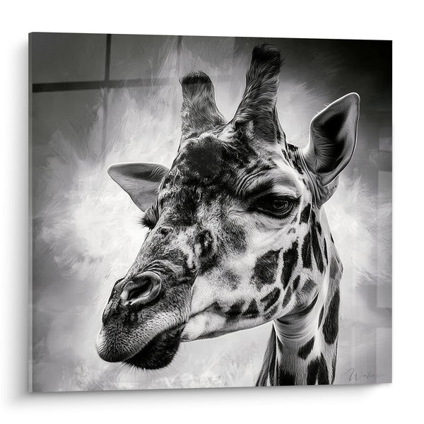Tableau Girafe noir et blanc aux taches marquées - Regard du savane - Edition Girafe