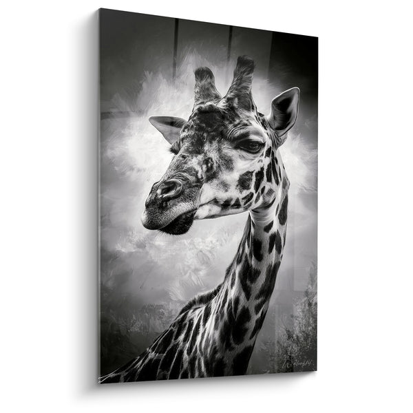 Tableau Girafe noire et blanche au ciel embrumé - Cou et oreilles dressées - Edition Girafe