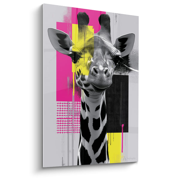 Tableau Girafe noir et blanc fond rose et jaune - Éclat urbain - Edition Girafe