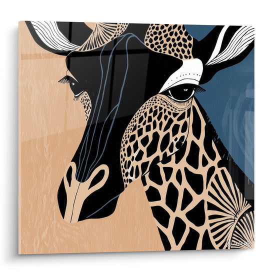 Girafe stylisée en noir profond, beige sable et bleu marine, motif graphique très marqué