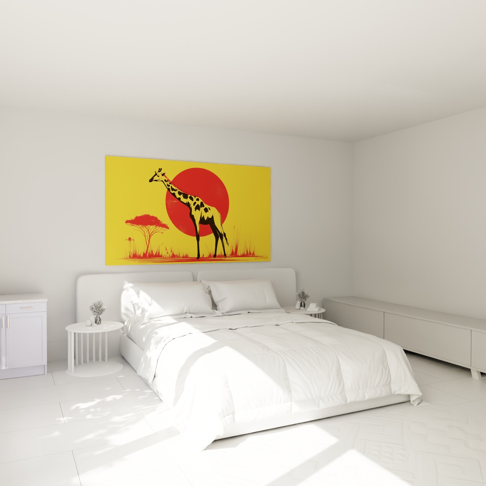 Silhouette de girafe noire et jaune sous un soleil rouge, accrochée au-dessus d'un lit dans une chambre claire