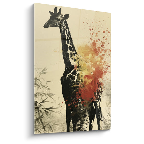 Tableau Girafe noire aux éclaboussures rouge et or - Embrasement sauvage - Edition Girafe