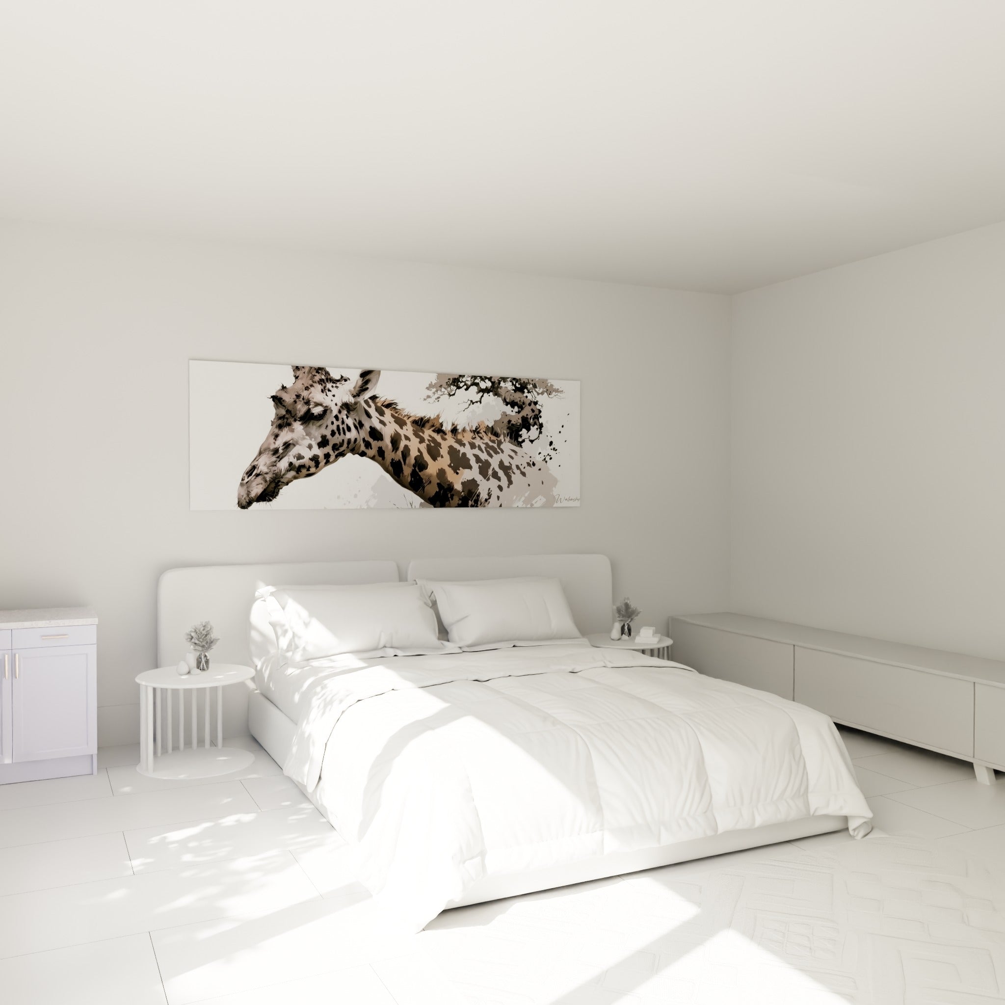 Silhouette de girafe ocre et grise au-dessus d'un lit dans une chambre claire