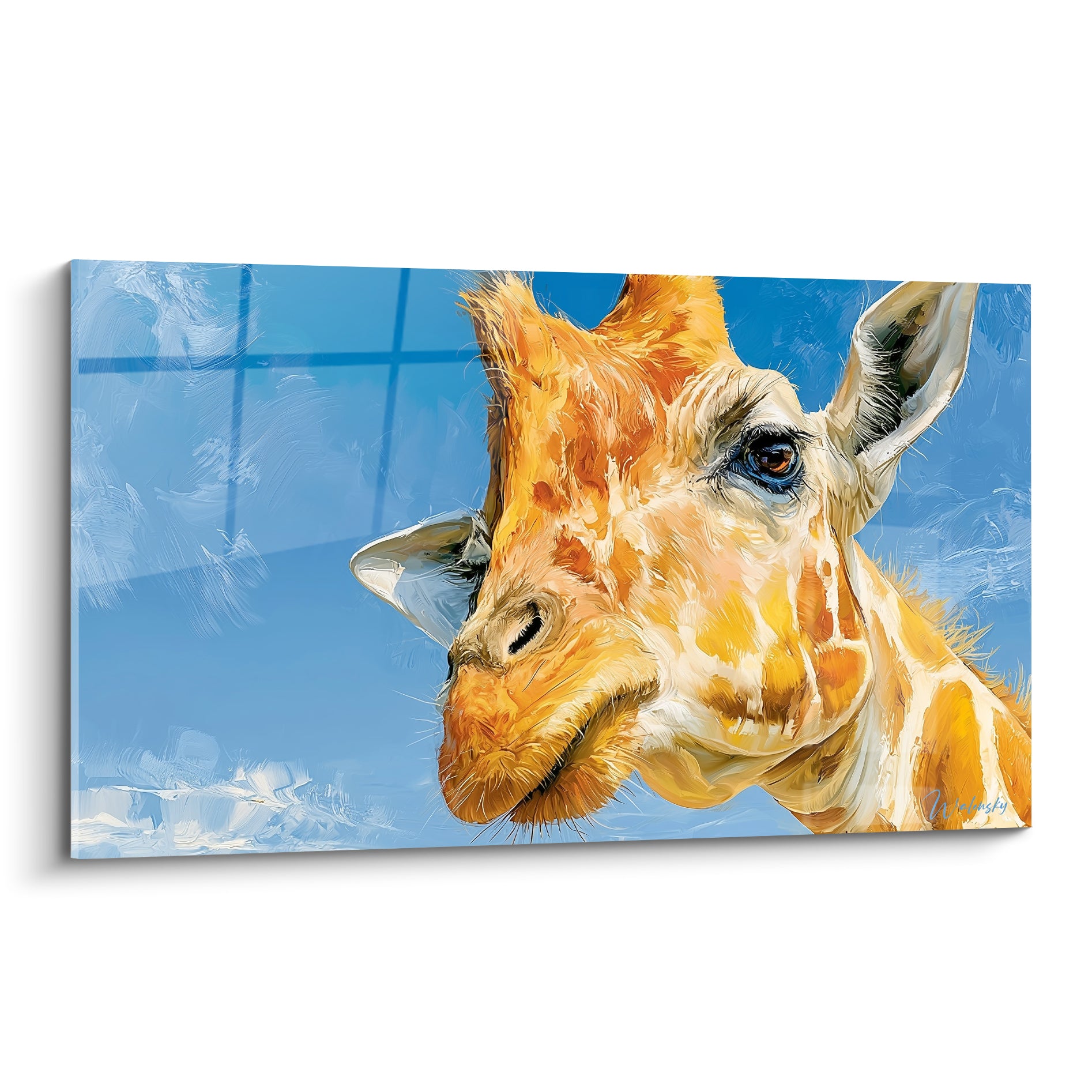 Girafe ocre au regard doux, tête penchée sur fond bleu ciel peint avec empâtements expressifs