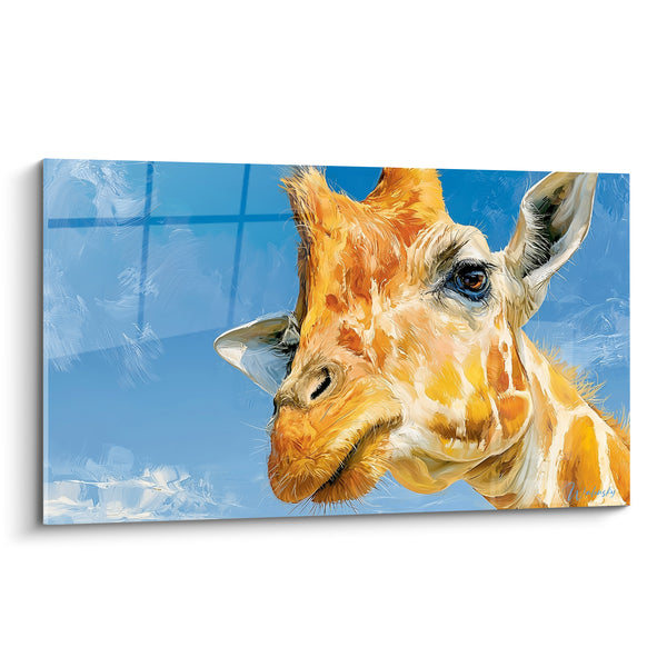 Tableau Girafe ocre penchée sur ciel bleu - Curiosité penchée - Edition Girafe