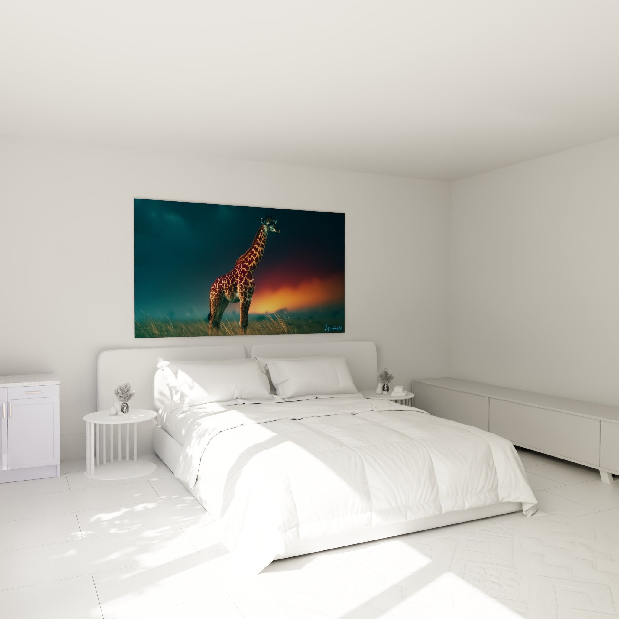 Silhouette de girafe ocre et bleu nuit accrochée au-dessus d'un lit dans une chambre claire