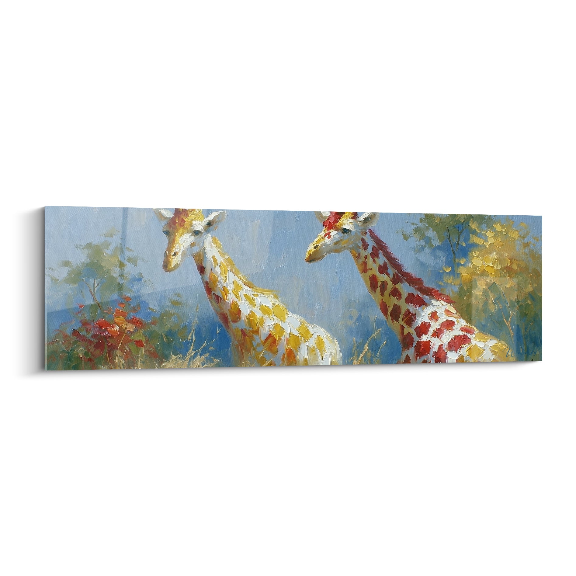 Girafes ocre et bordeaux sur fond bleu marine, empâtements épais façon peinture au couteau