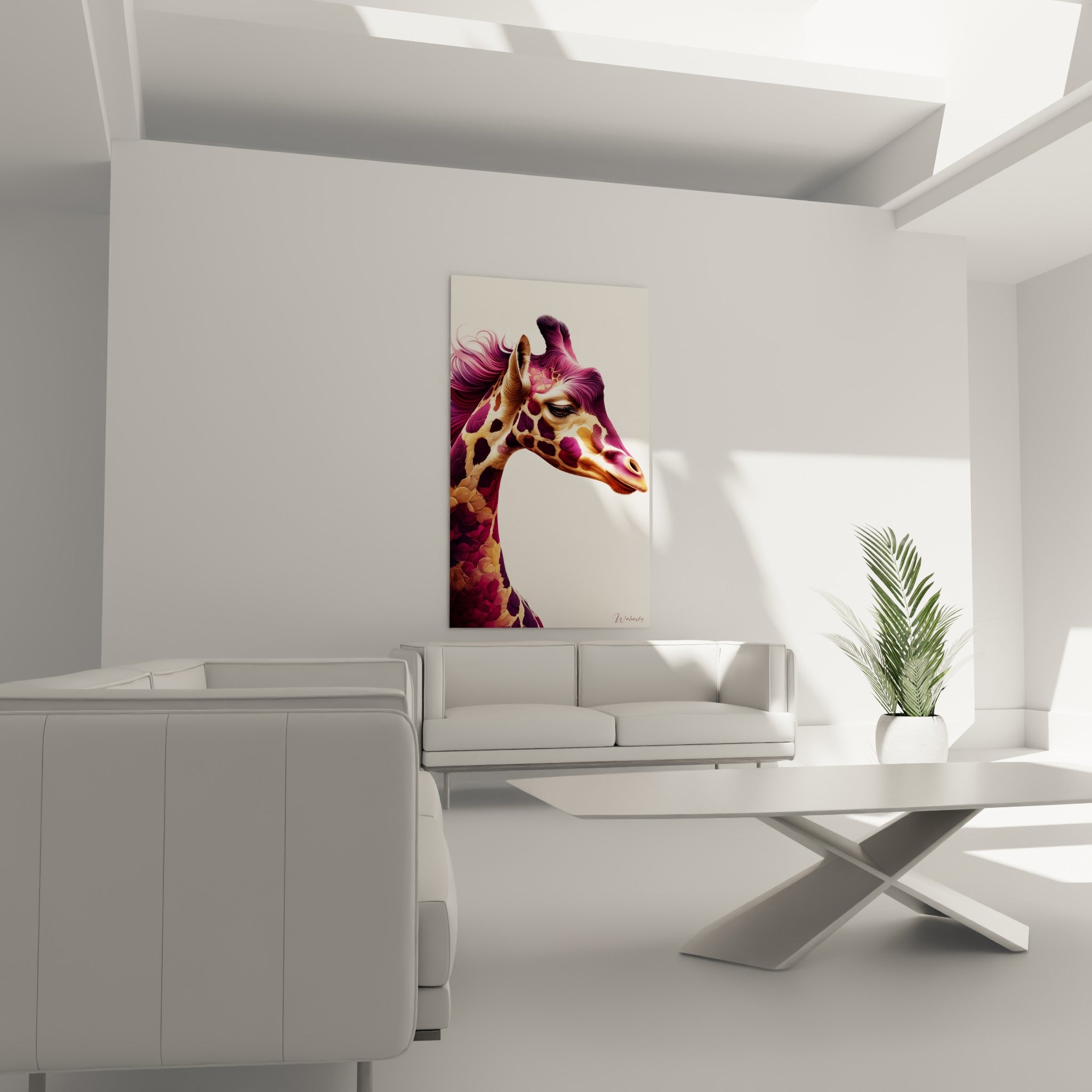 Portrait de girafe bordeaux et ocre au museau clair, suspendu au-dessus d'un canapé dans un salon lumineux