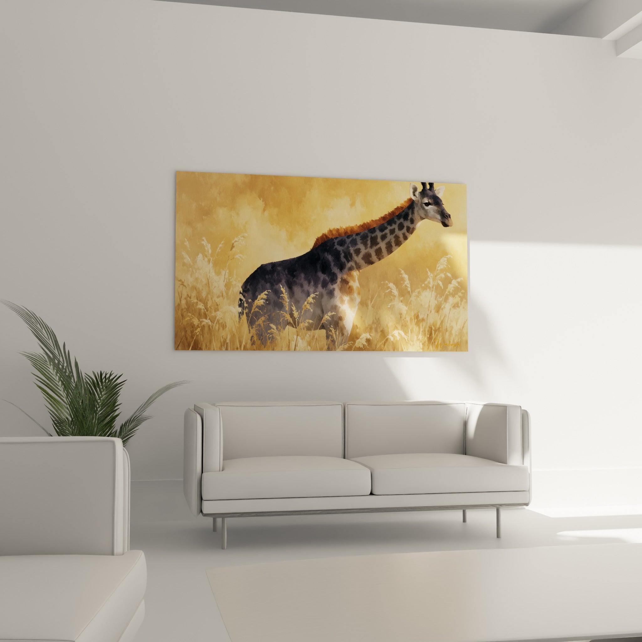 Silhouette de girafe anthracite sur fond doré et herbes sèches, au-dessus d'un canapé dans un salon lumineux.