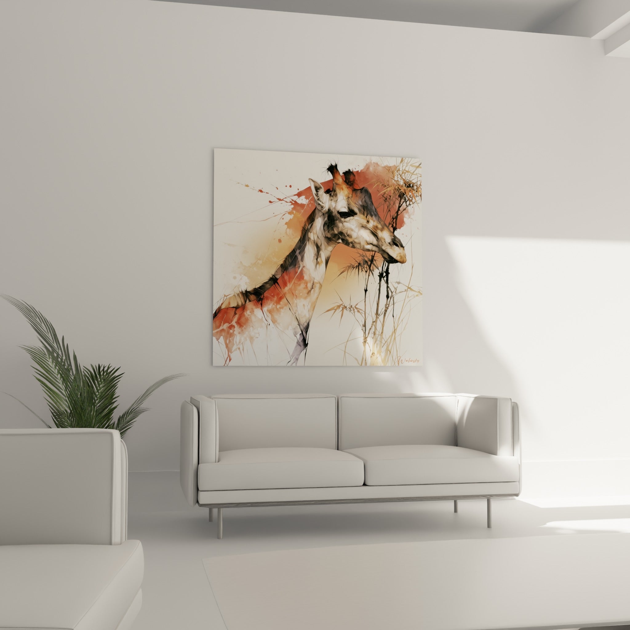 Cou de girafe ocre et anthracite disposé au-dessus d'un canapé dans un salon lumineux