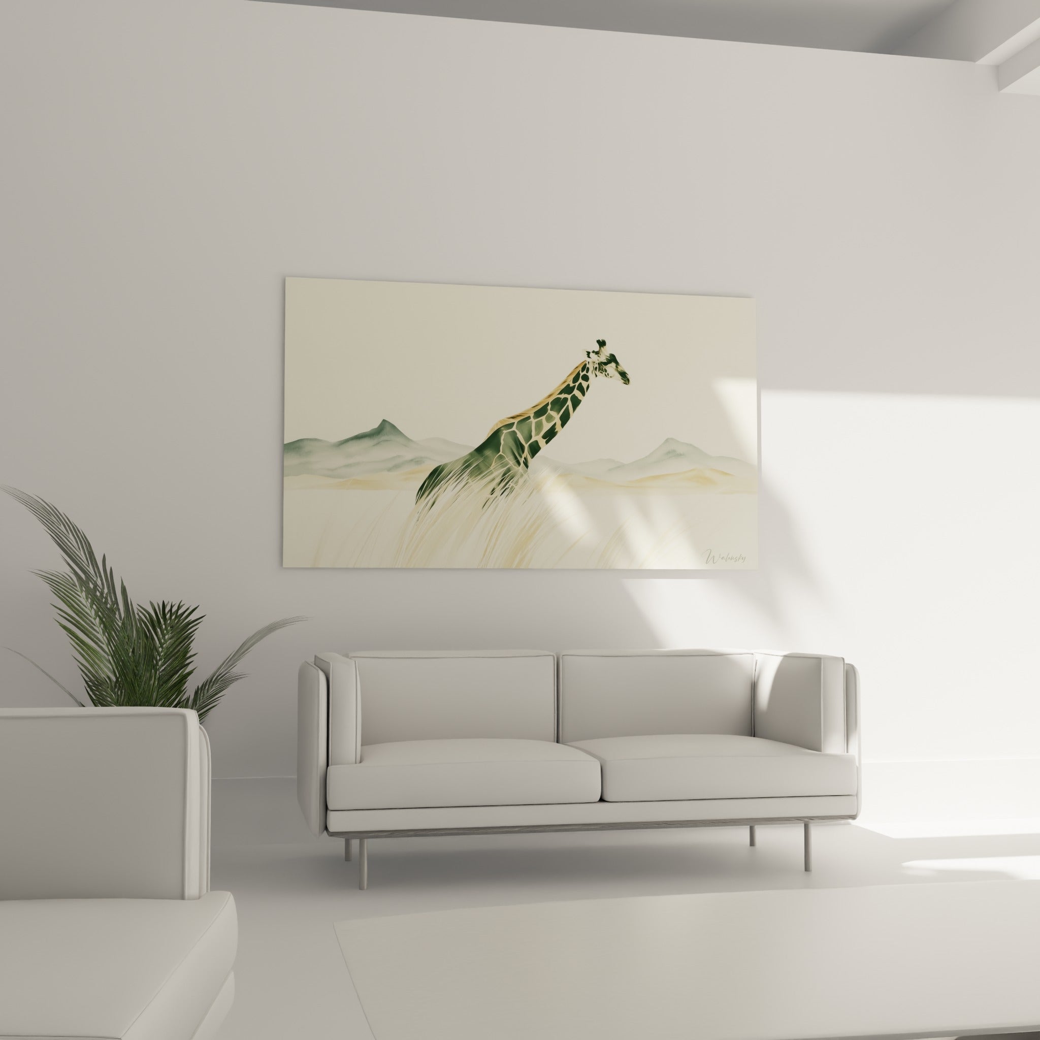 Cou élancé de girafe ocre se détachant sur fond crème, disposé au-dessus d'un canapé dans un salon lumineux