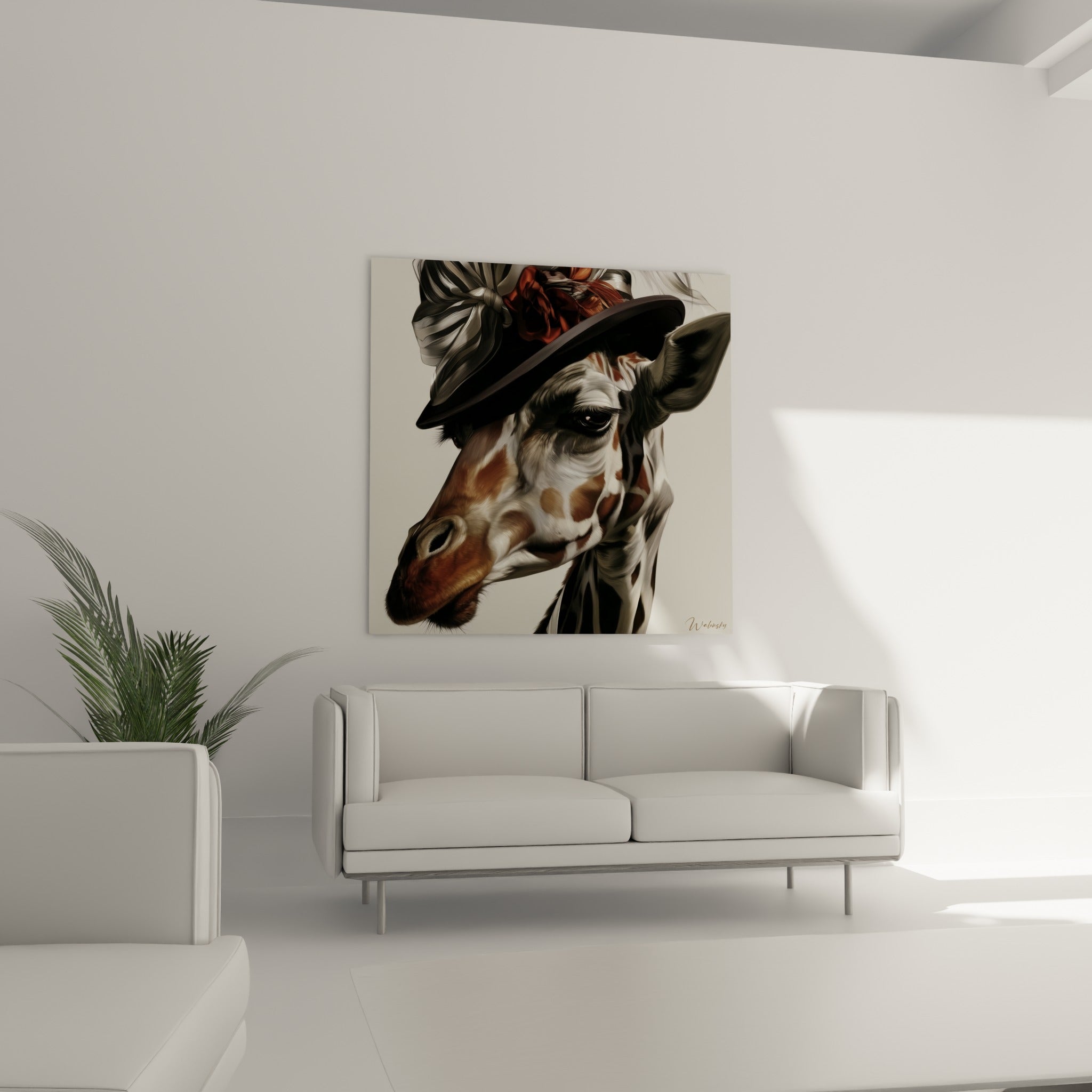 Tête de girafe ocre coiffée d'un chapeau noir orné de rubans au-dessus d'un canapé dans un salon lumineux