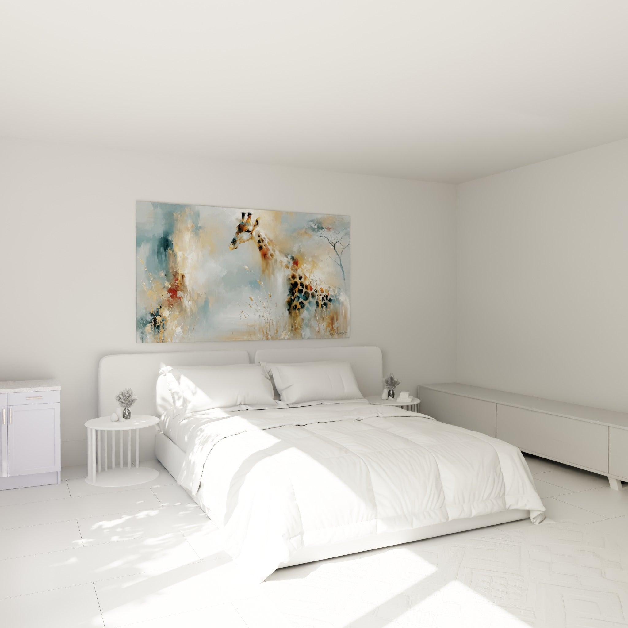 Silhouette de girafe ocre et bleu gris peinte en fondu, accrochée au-dessus d'un lit dans une chambre claire