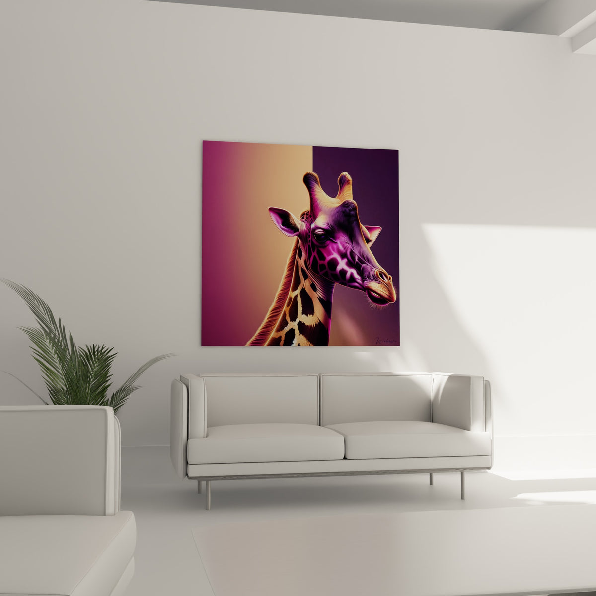 Girafe stylisée aux tons mauve et ocre, suspendue au-dessus d'un canapé dans un salon lumineux