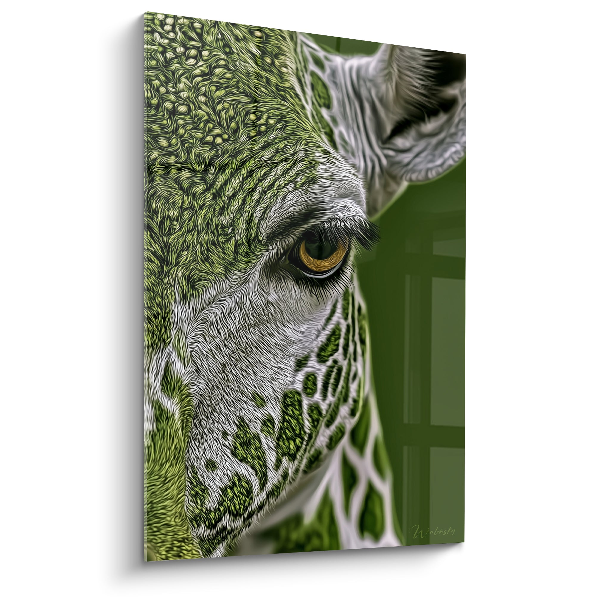 Girafe en gros plan à l'œil doré intense, peau vert sauge texturée et museau blanc crème détaillé