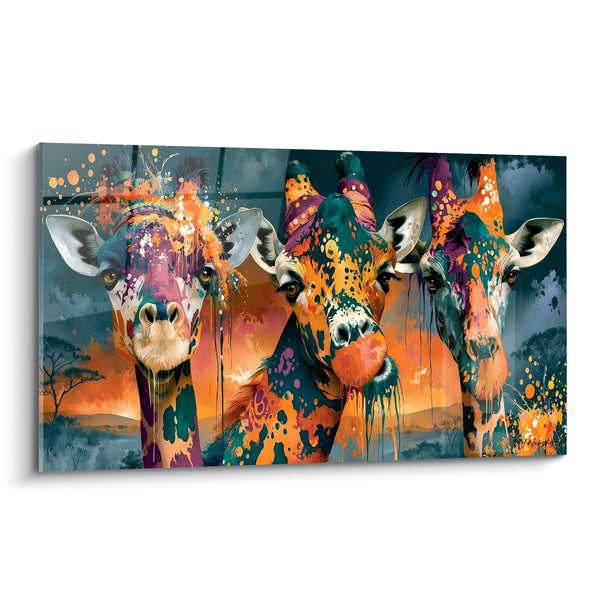Tableau Trio de girafes orange et turquoise éclaboussées - Rencontre au crépuscule - Edition Girafe