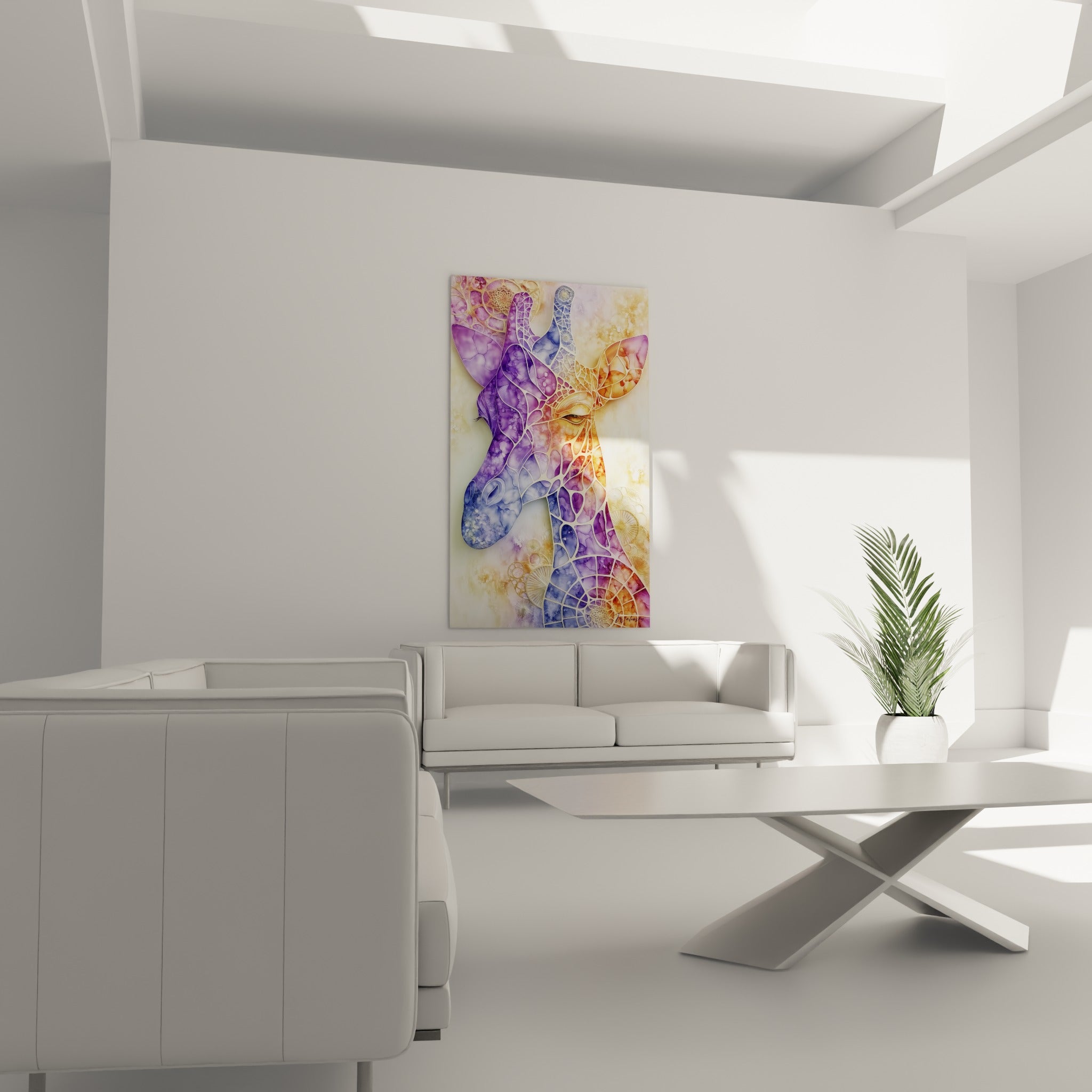Tête de girafe aux teintes bleu pastel et orangées au-dessus d'un canapé dans un salon lumineux
