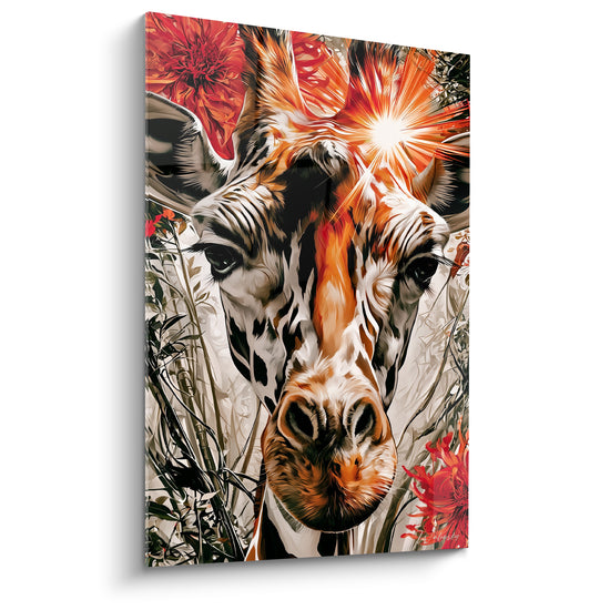 Tableau Girafe blanche et orange aux fleurs rouges - Éclat frontal lumineux - Edition Girafe