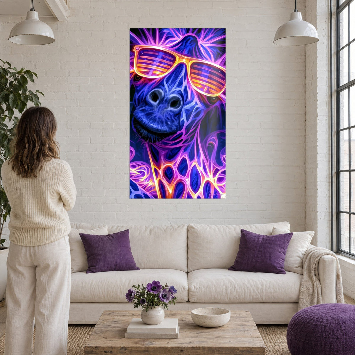 Quadro giraffa pop art con occhiali ambrati, contorni al neon viola e blu notte, donna di spalle sopra un divano in un soggiorno luminoso