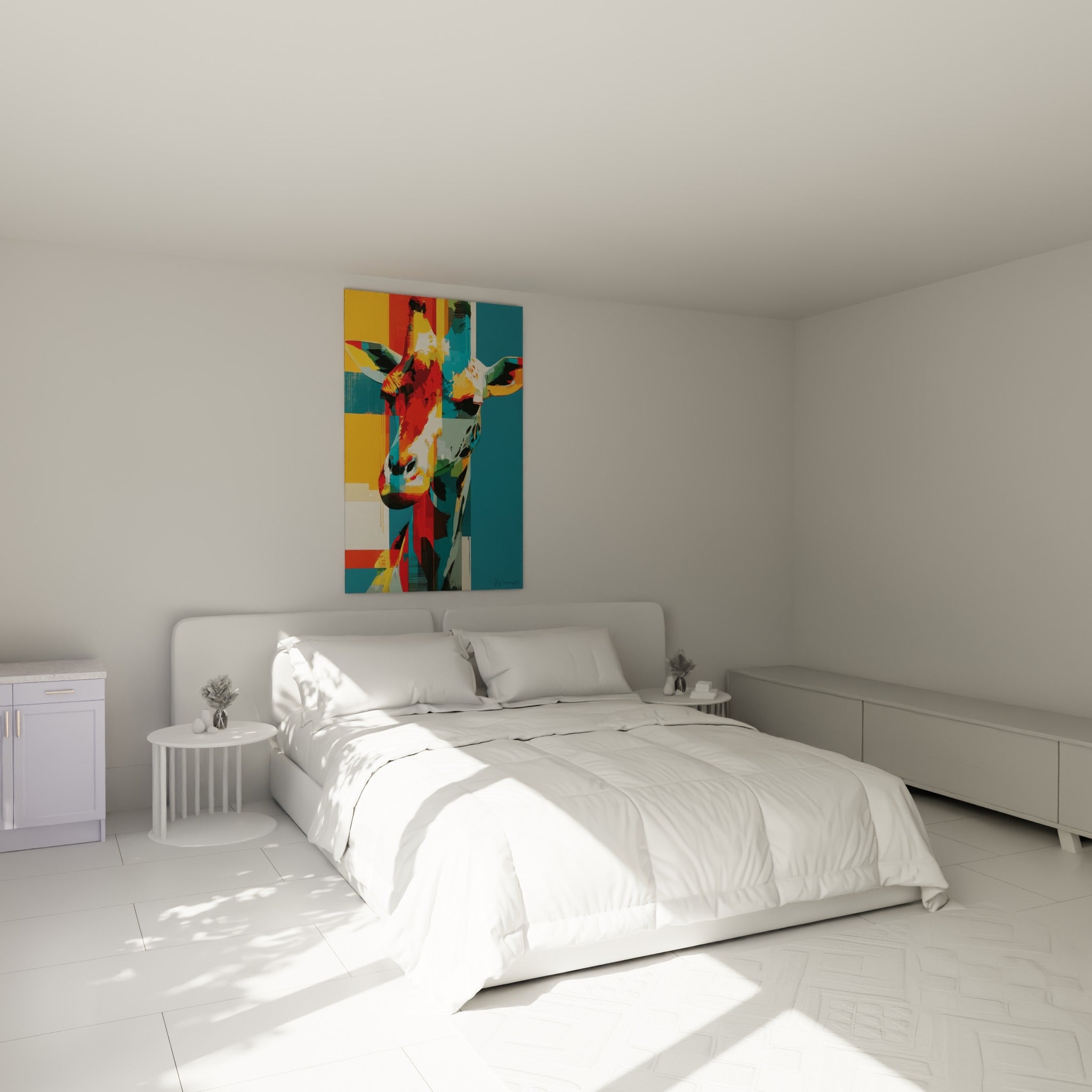 Museau de girafe rouge et turquoise accroché au-dessus d'un lit dans une chambre claire