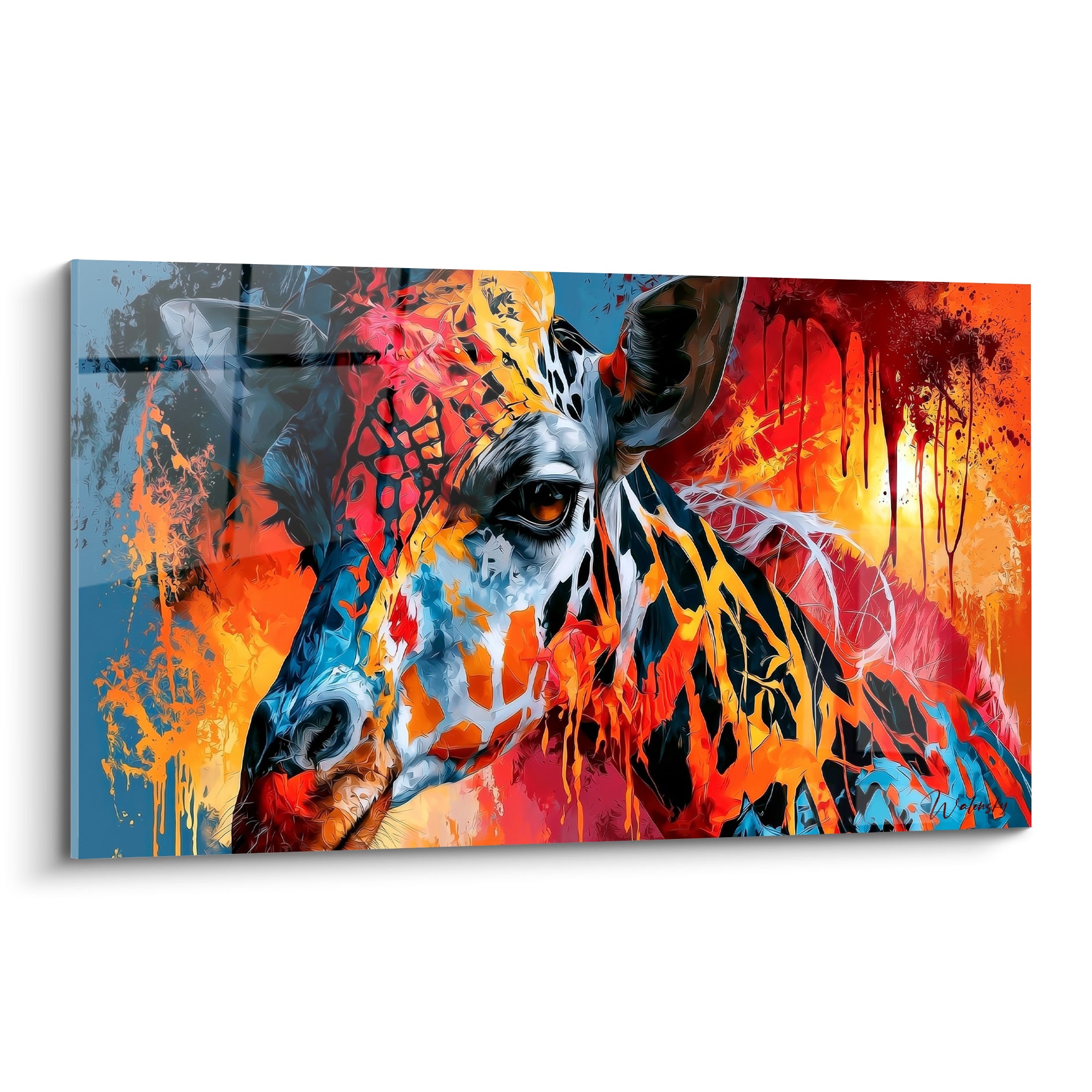 Girafe au regard ambré, visage éclaté en orange, rouge et bleu pétrole, coulures picturales intenses