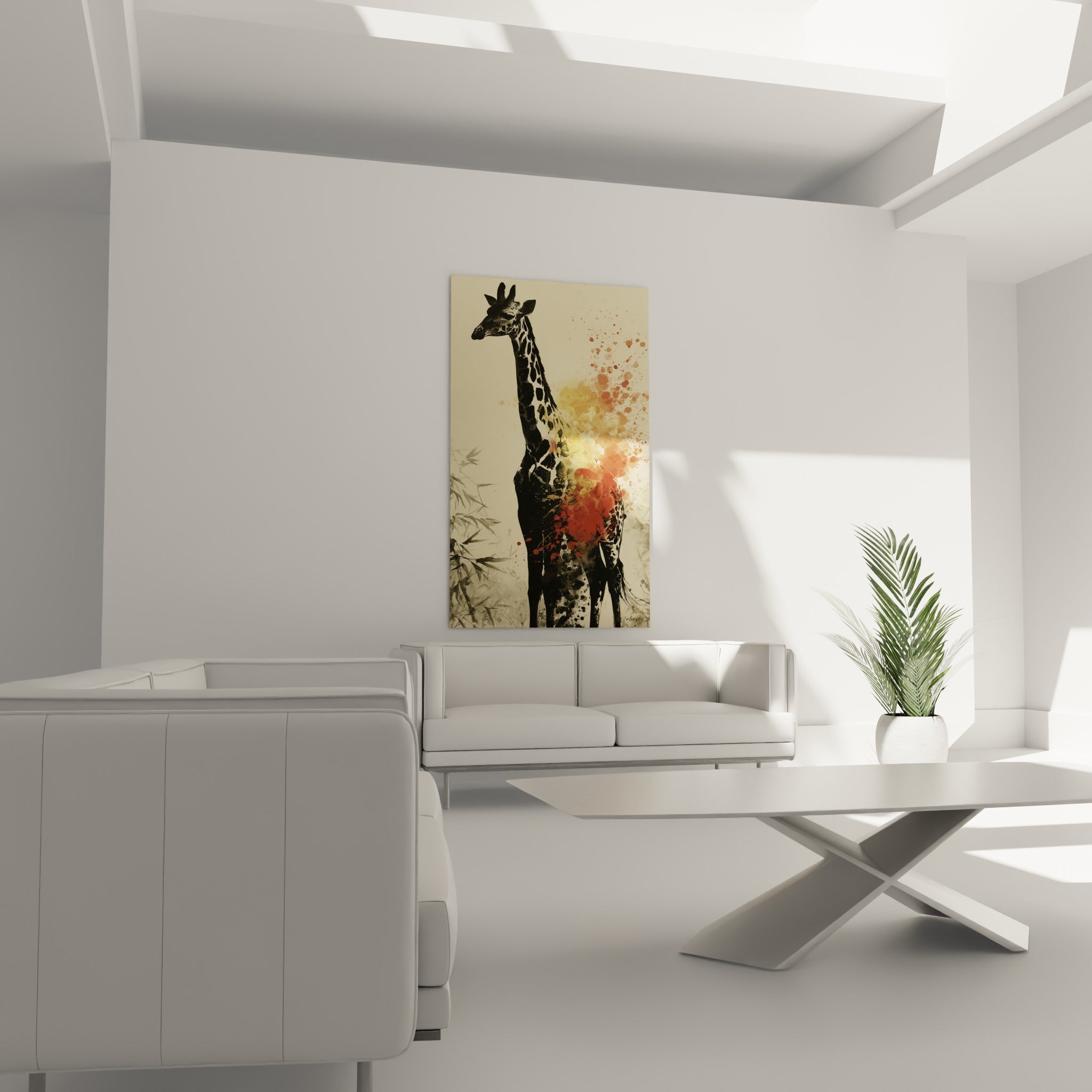 Éclat coloré d'une girafe anthracite et orangée au-dessus d'un canapé dans un salon lumineux