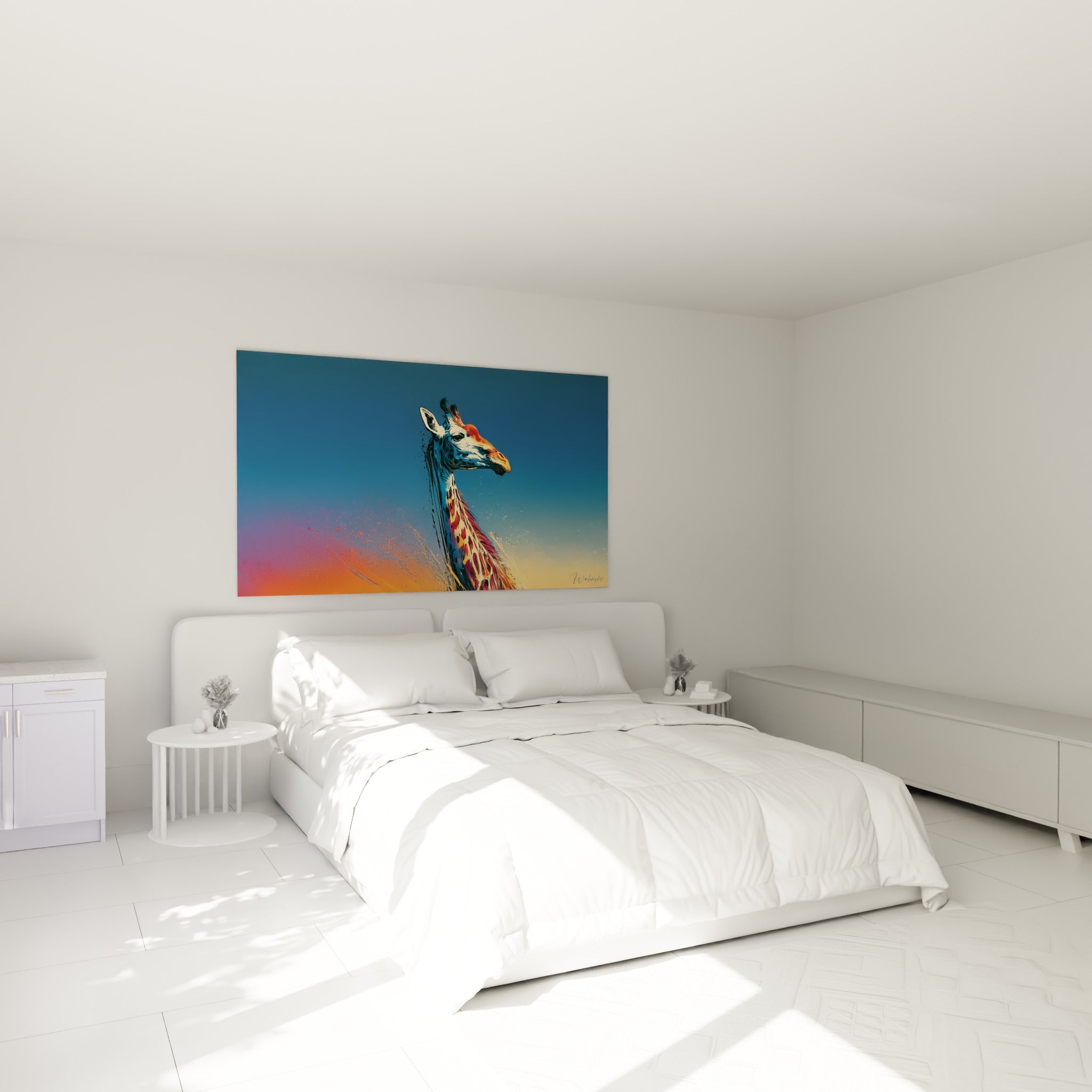 Silhouette de girafe bleu marine et orange vif au-dessus d'un lit dans une chambre claire