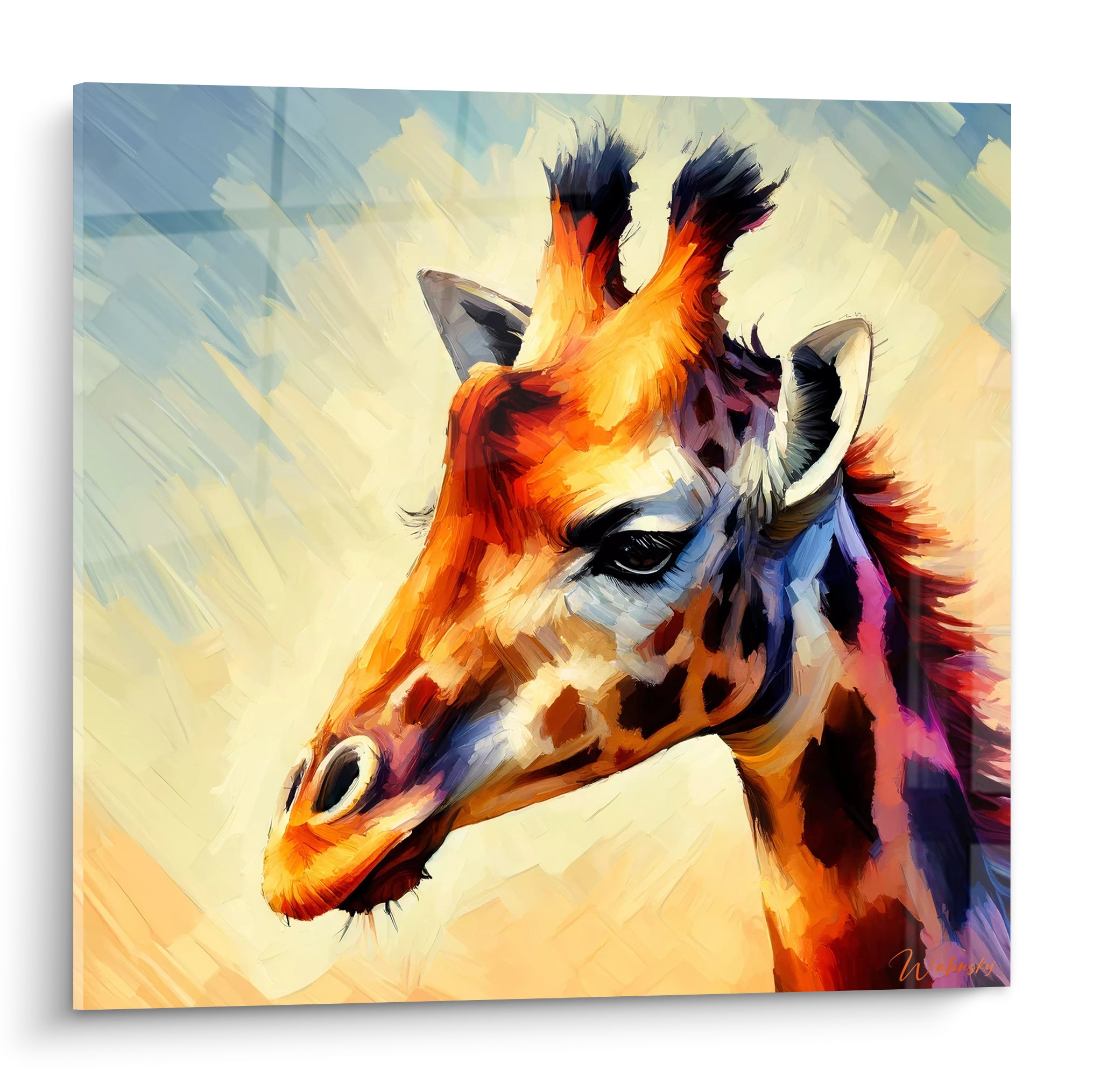 Girafe orange peinte de profil, crinière violette, fond bleu et jaune en larges touches picturales