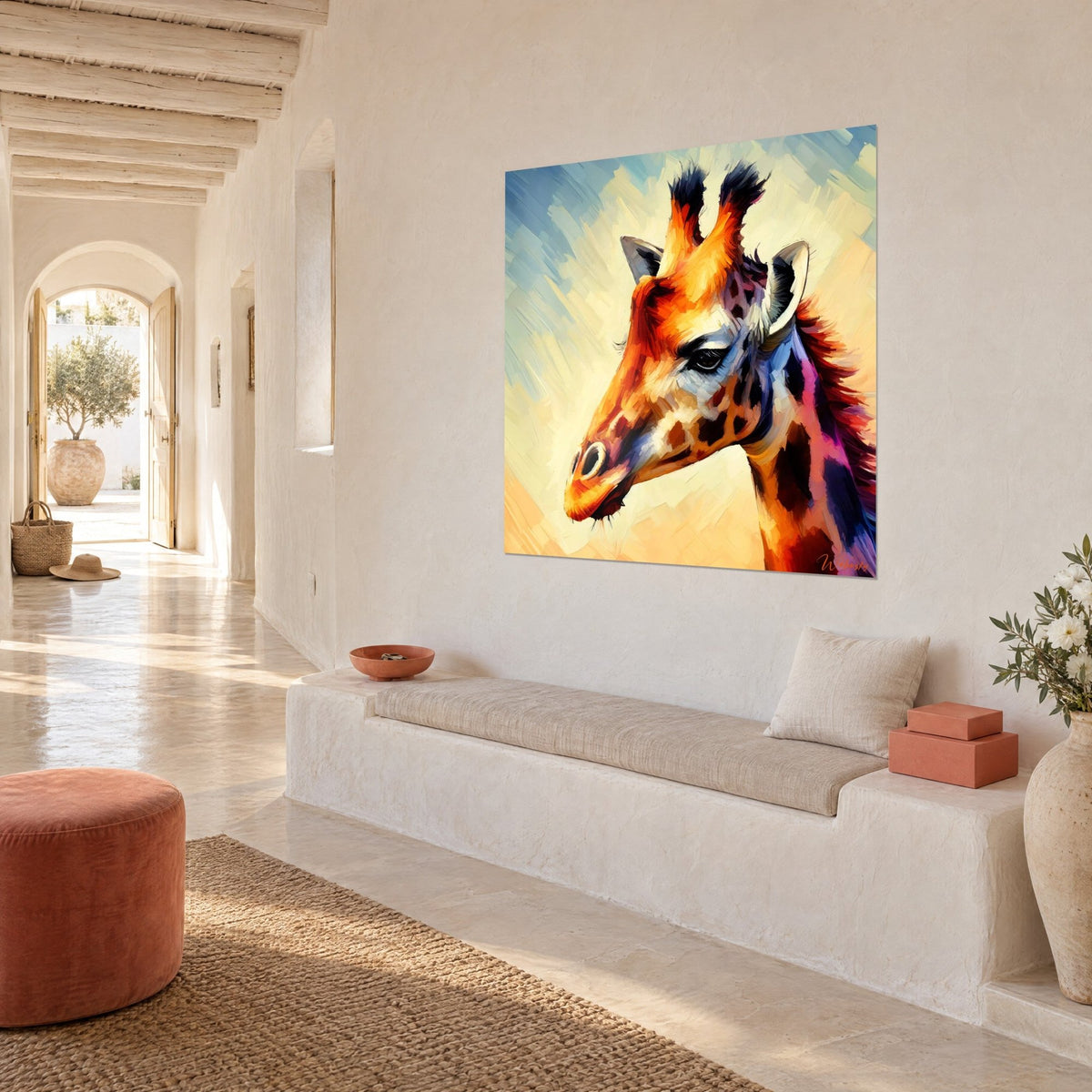 Quadro ritratto di giraffa con muso arancione e criniera porpora, sfondo blu e crema, visione a tre quarti su parete bianca calce