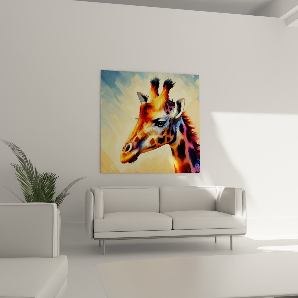 Girafe orangée aux oreilles cernées de noir et reflets violets, suspendue au-dessus d'un canapé dans un salon lumineux